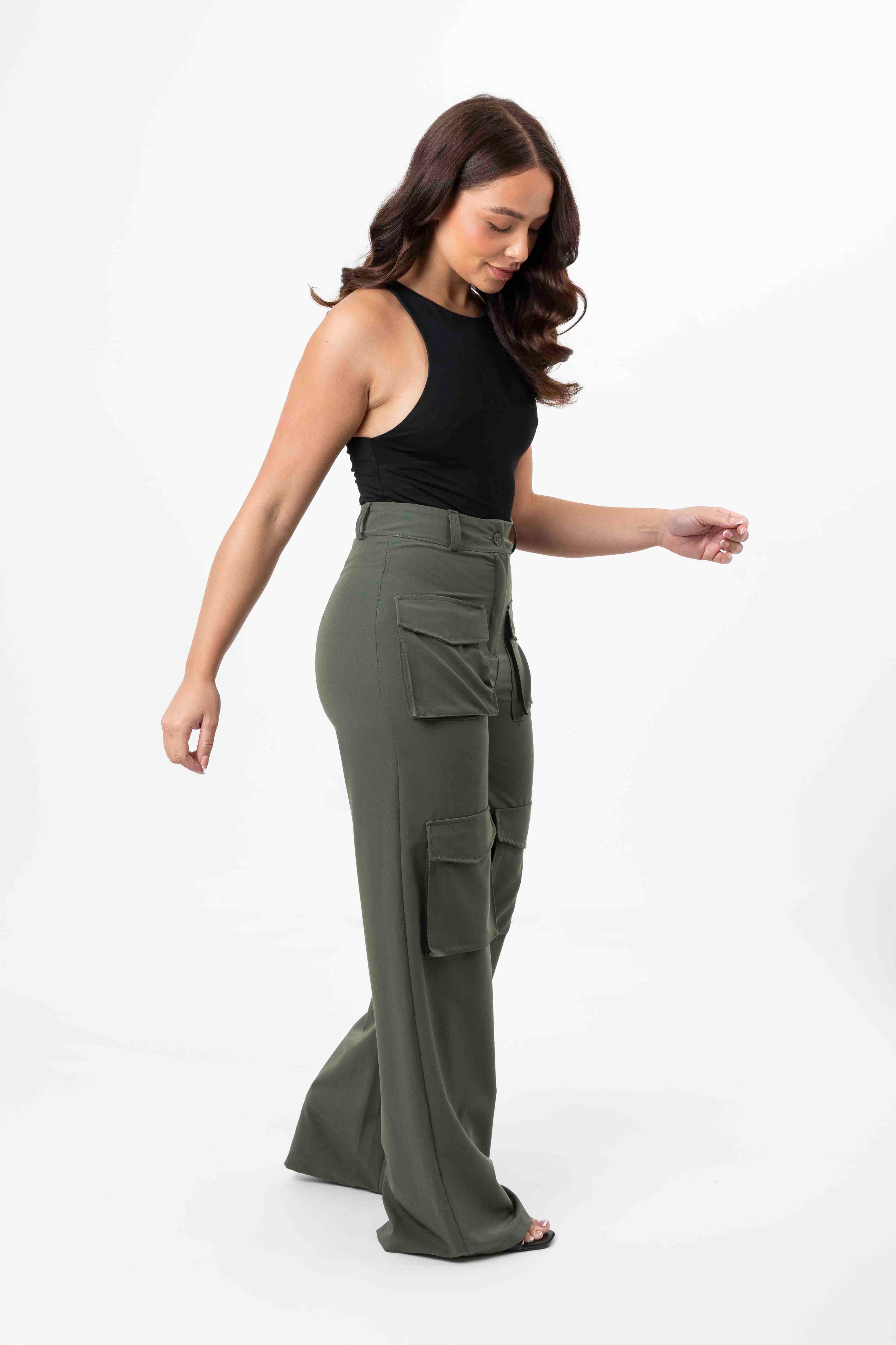 High Rise Large Pocket No Stretch Wide Leg Cargo Trousers