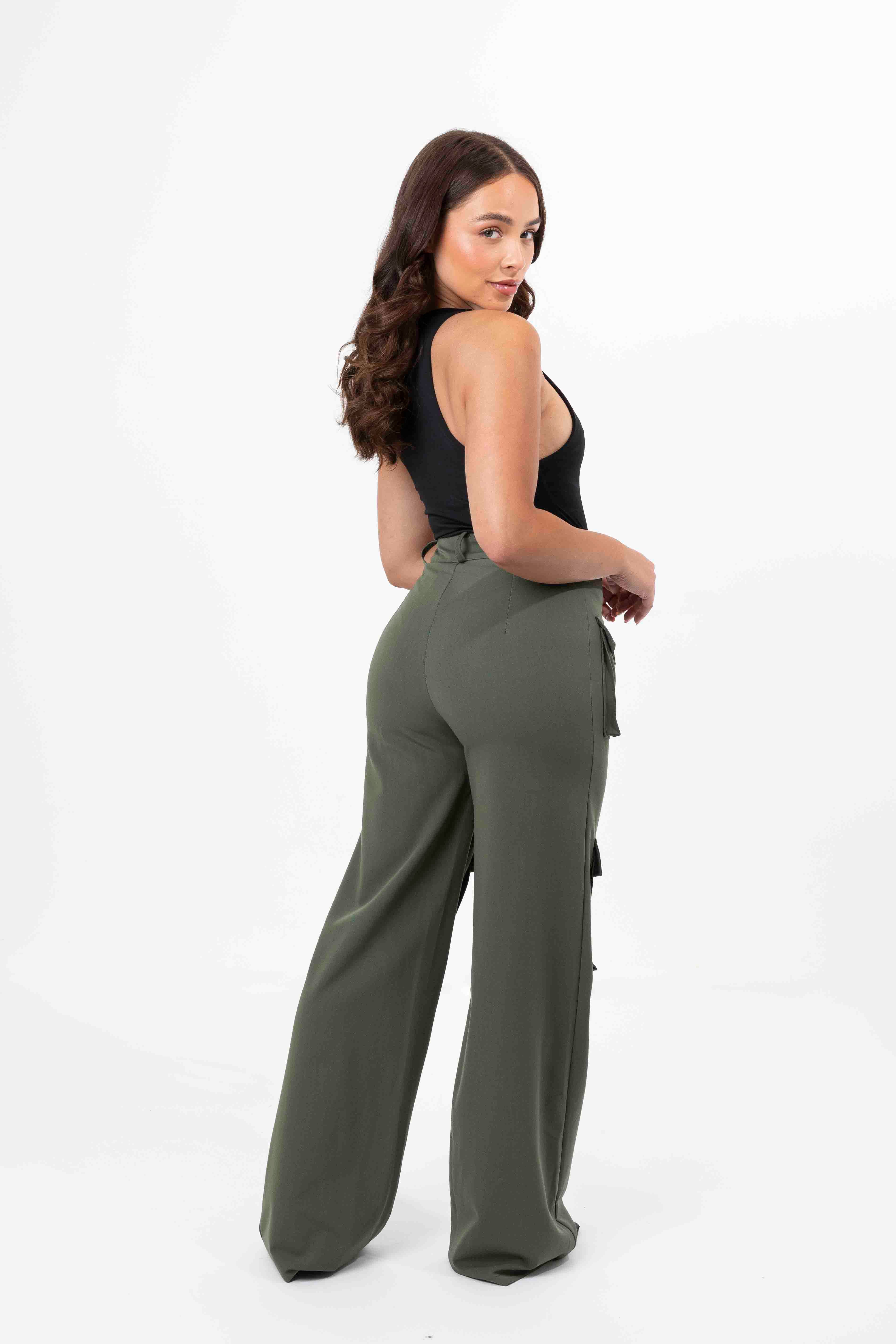 High Rise Large Pocket No Stretch Wide Leg Cargo Trousers