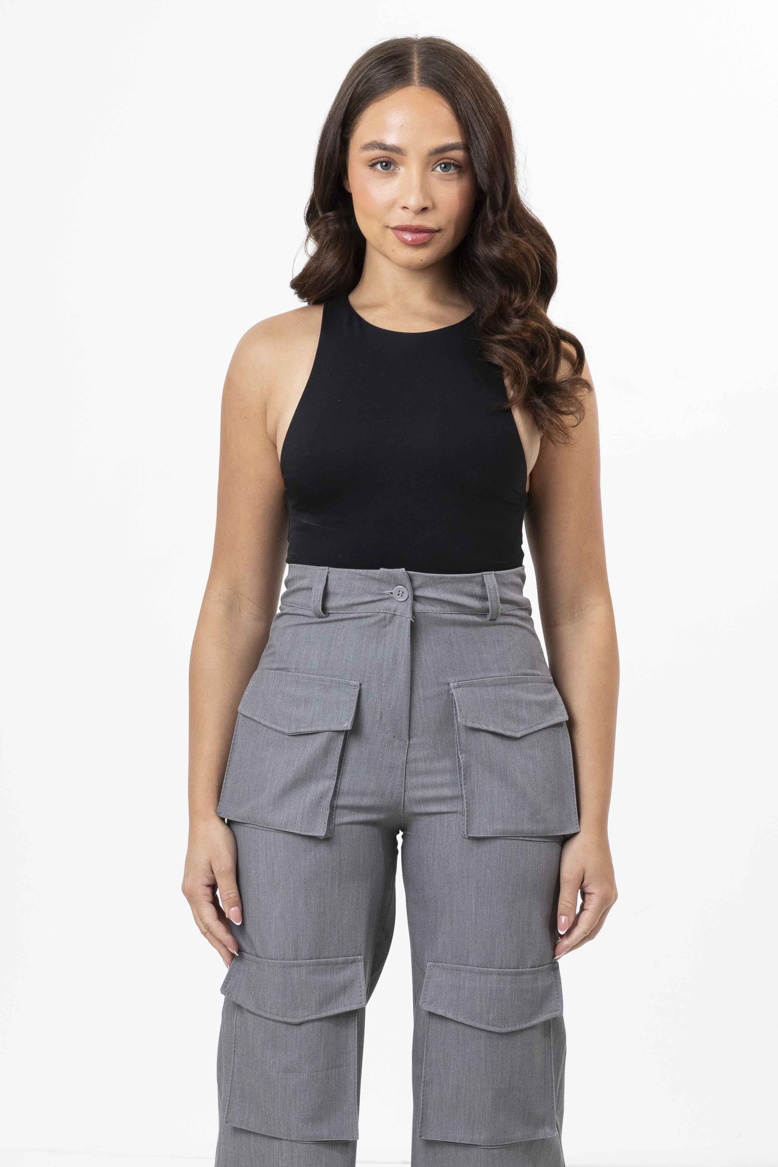 High Rise Large Pocket No Stretch Wide Leg Cargo Trousers