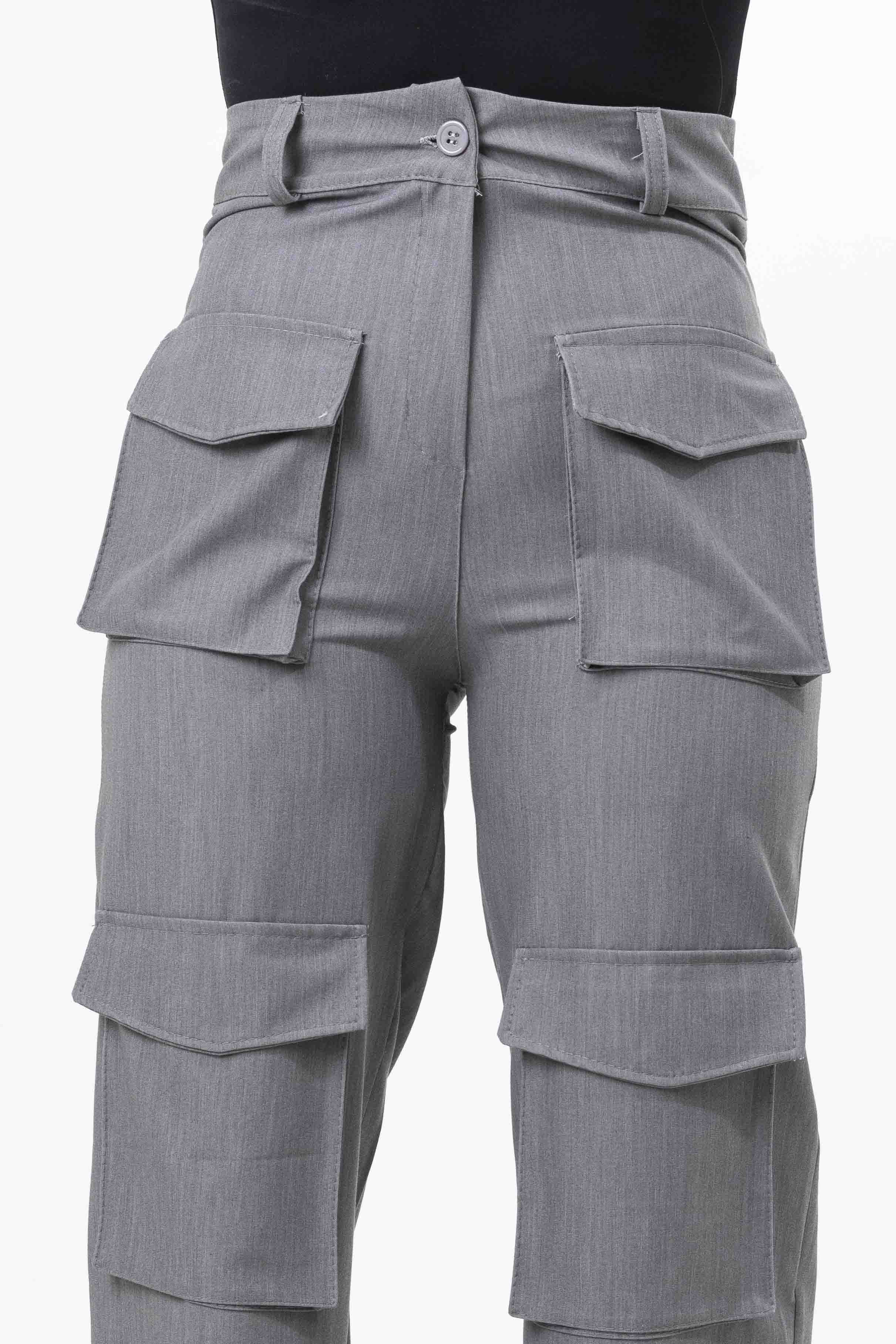 High Rise Large Pocket No Stretch Wide Leg Cargo Trousers