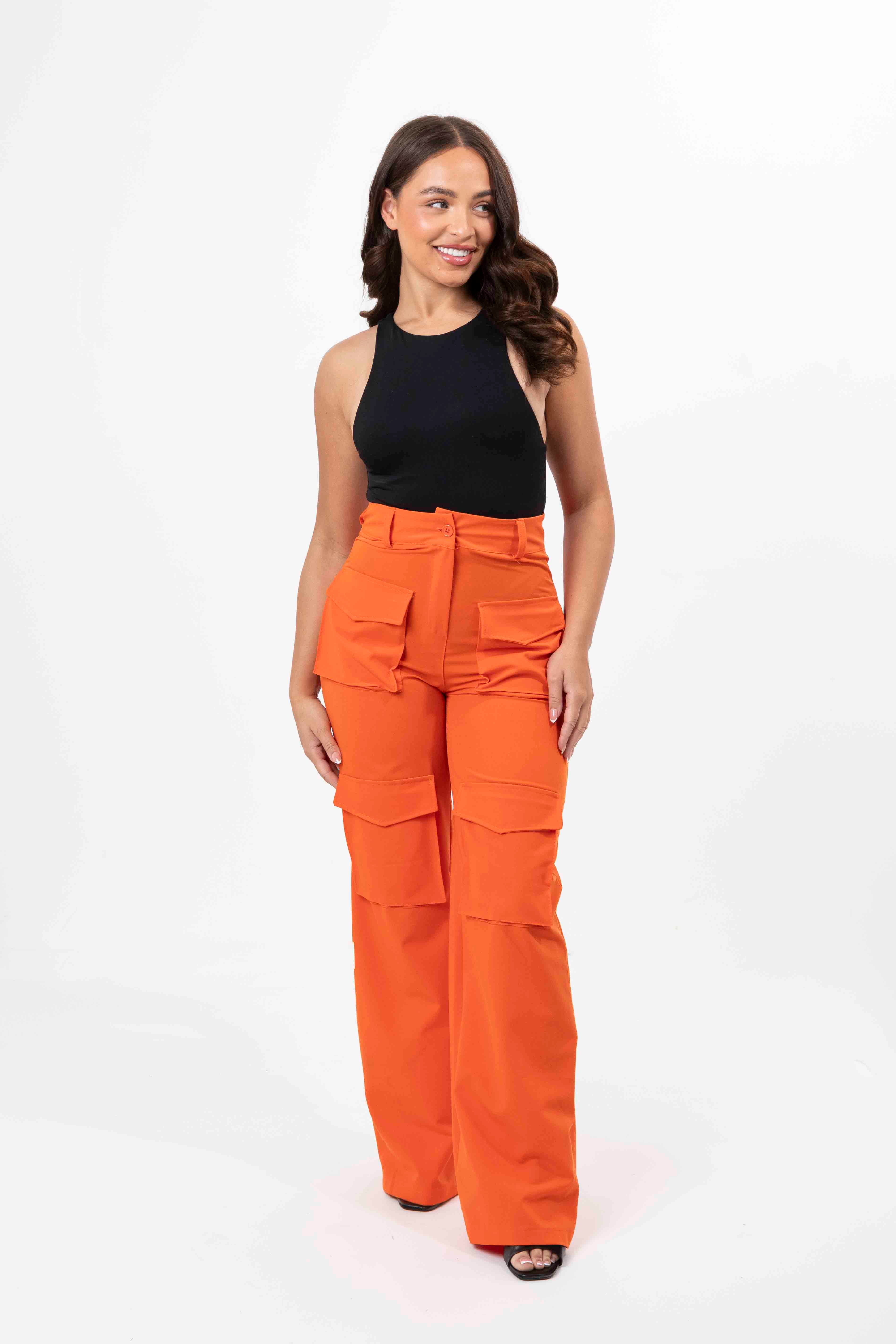 High Rise Large Pocket No Stretch Wide Leg Cargo Trousers