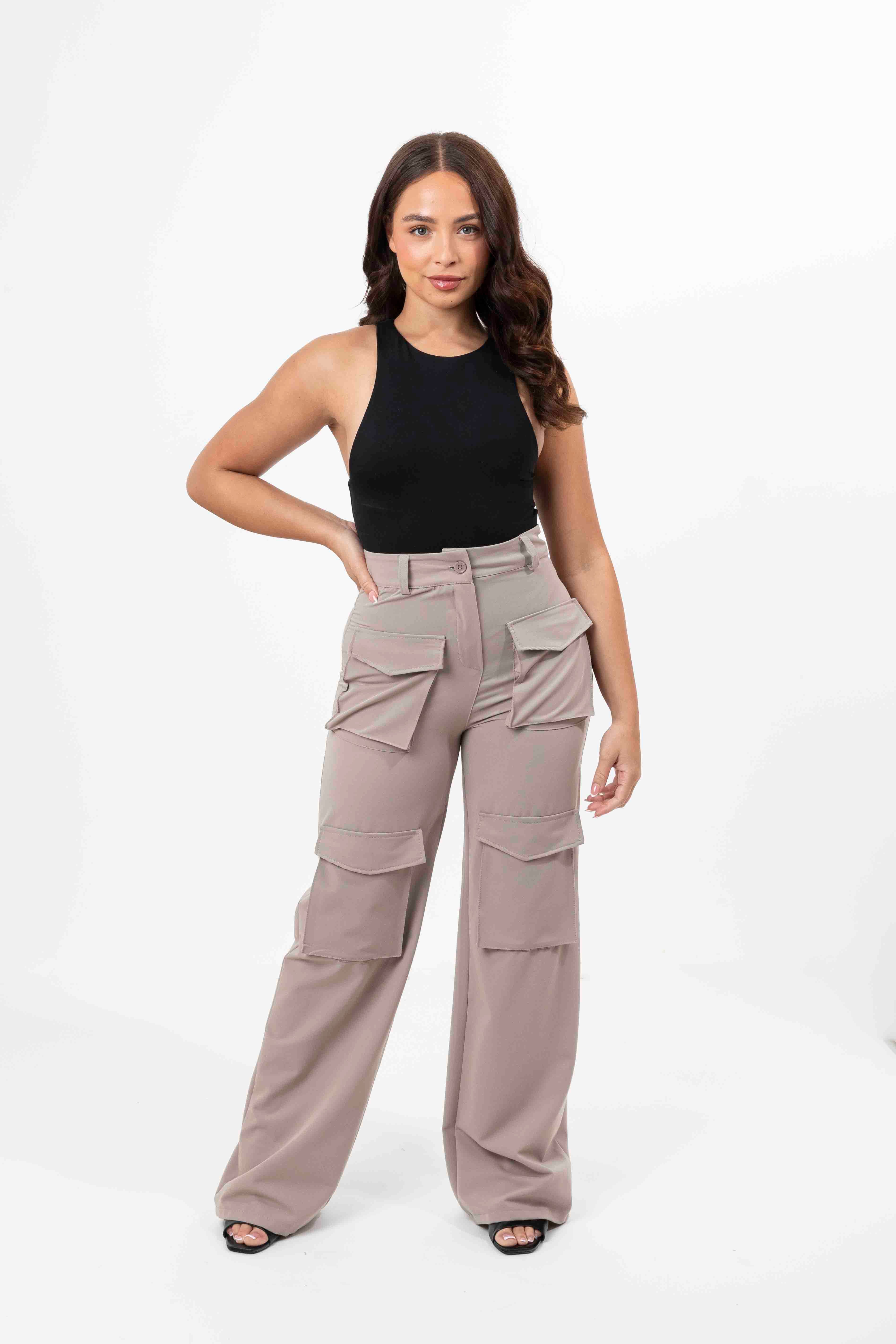 High Rise Large Pocket No Stretch Wide Leg Cargo Trousers