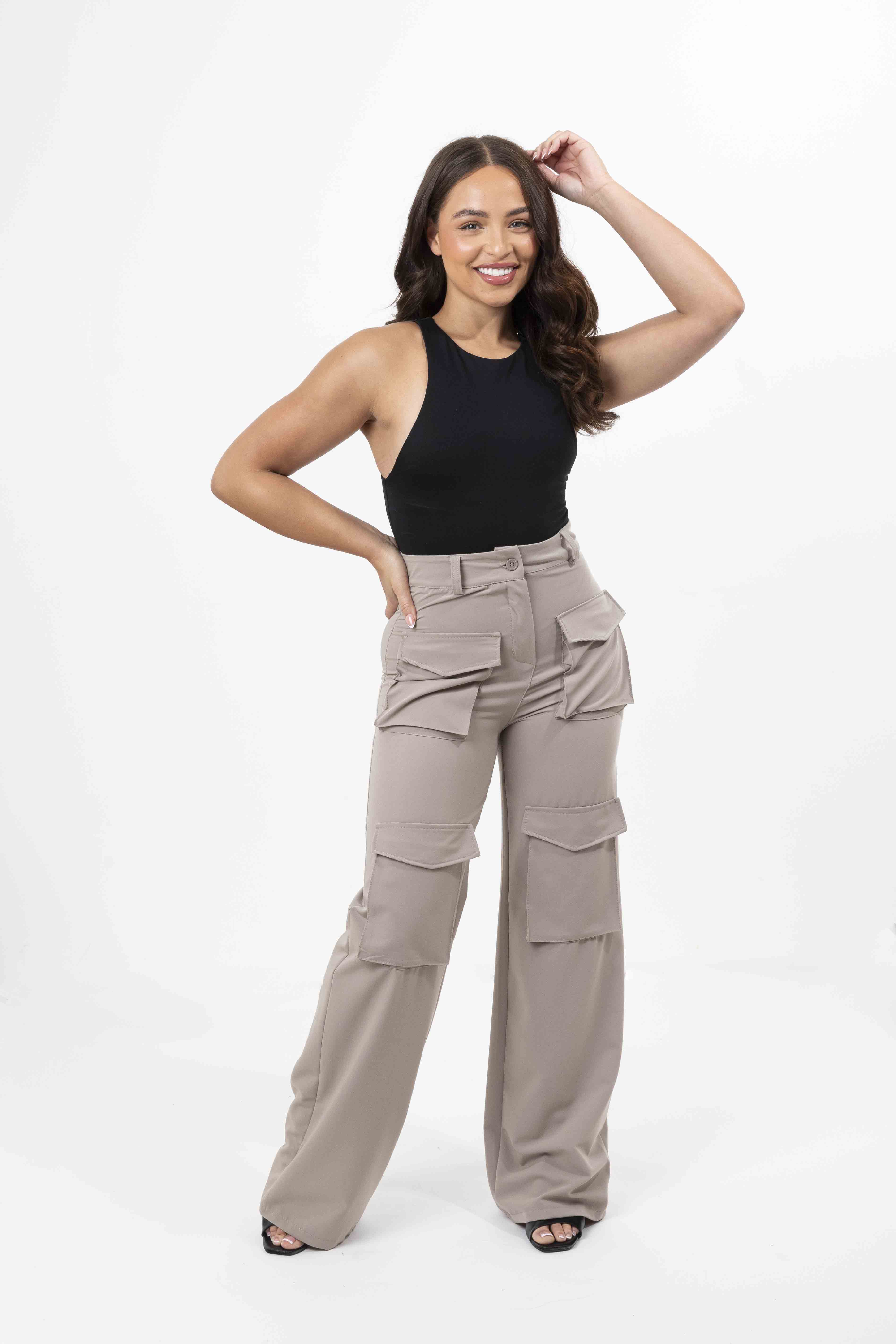 High Rise Large Pocket No Stretch Wide Leg Cargo Trousers