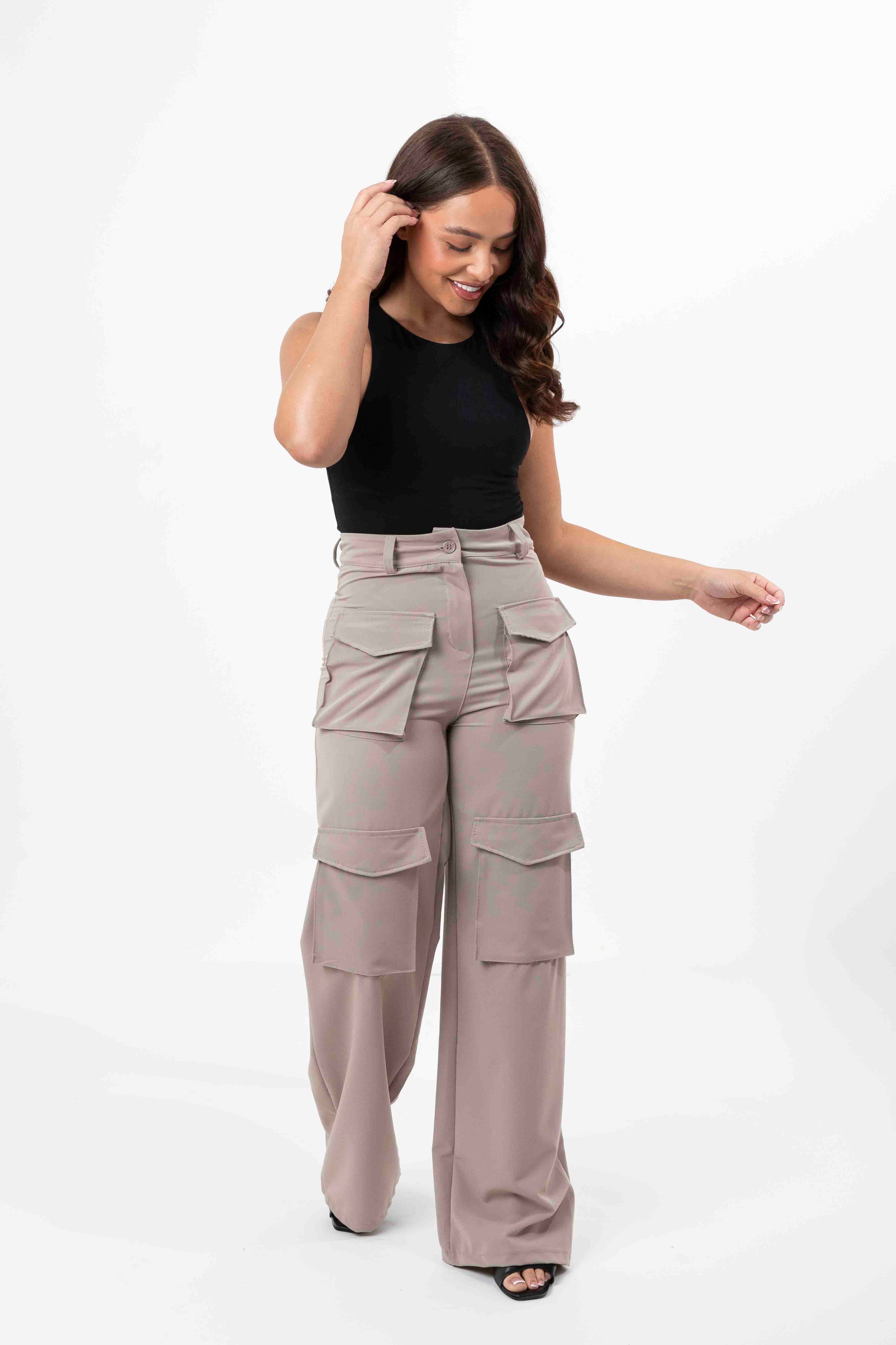 High Rise Large Pocket No Stretch Wide Leg Cargo Trousers