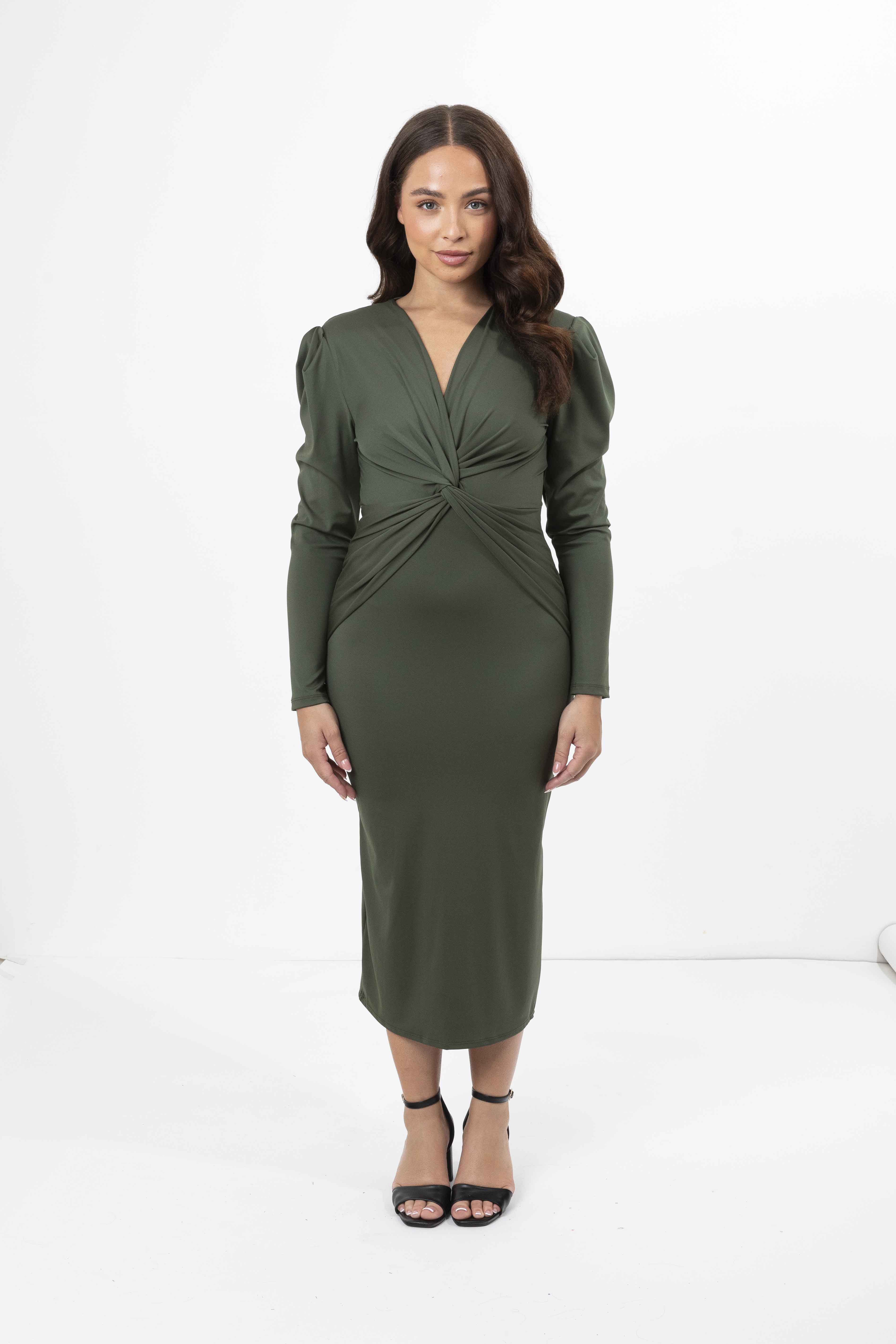 Puff Long Sleeve Deep Plunge Neck Twist Waist Midi Dress