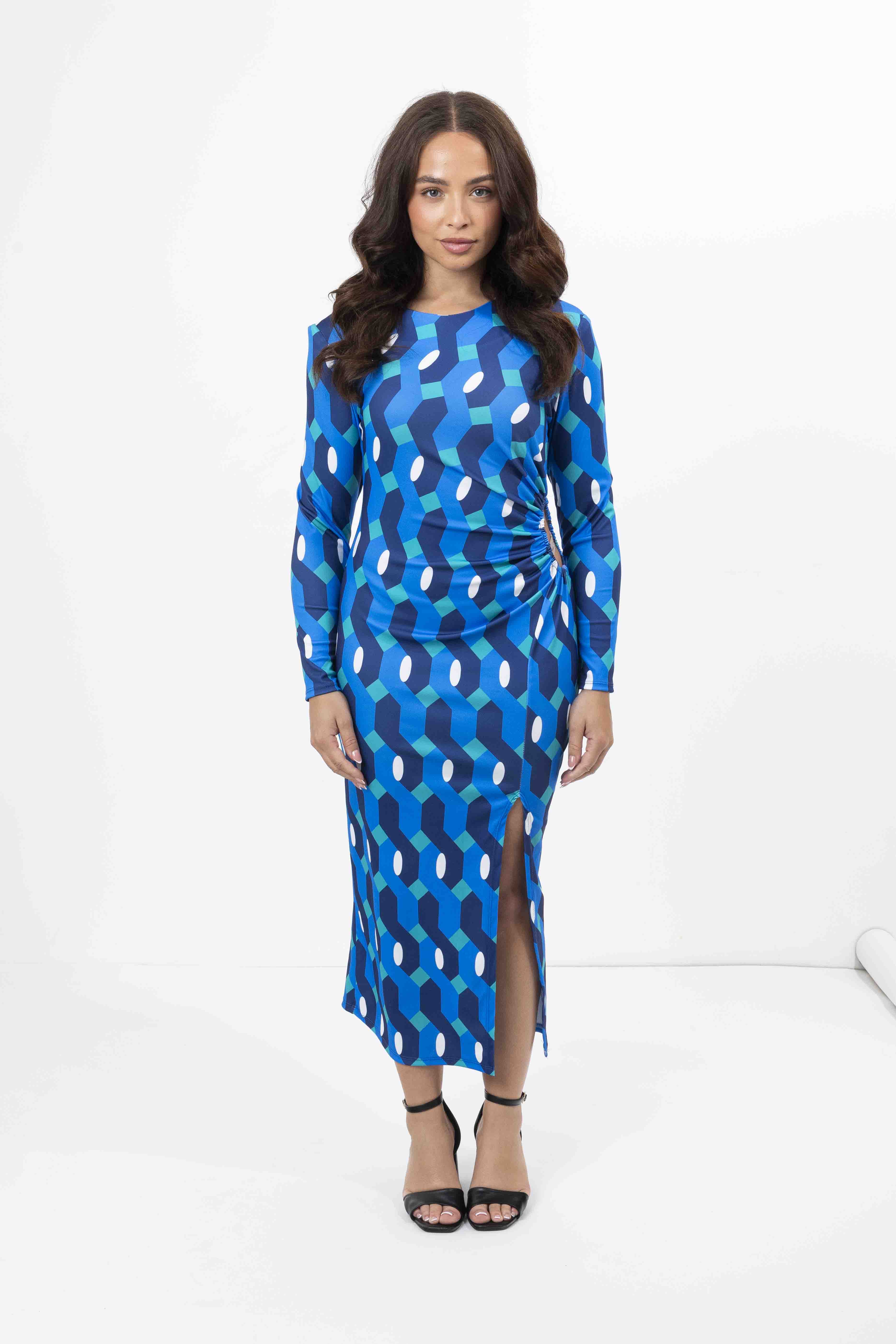 Cut Out Side Slit Multi Print Long Sleeve Slinky Dress