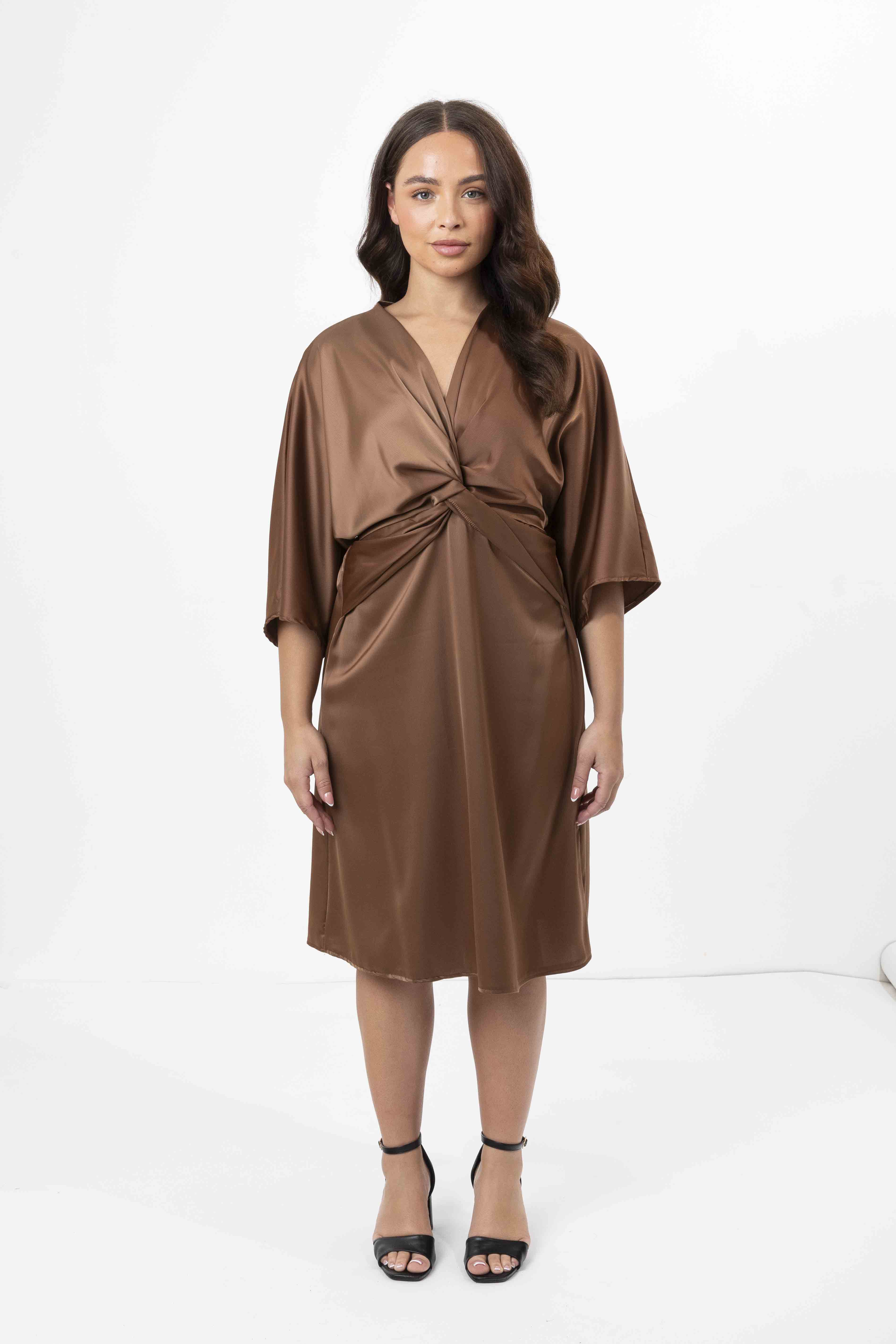 Twisted Plunge Satin Kimono Dress