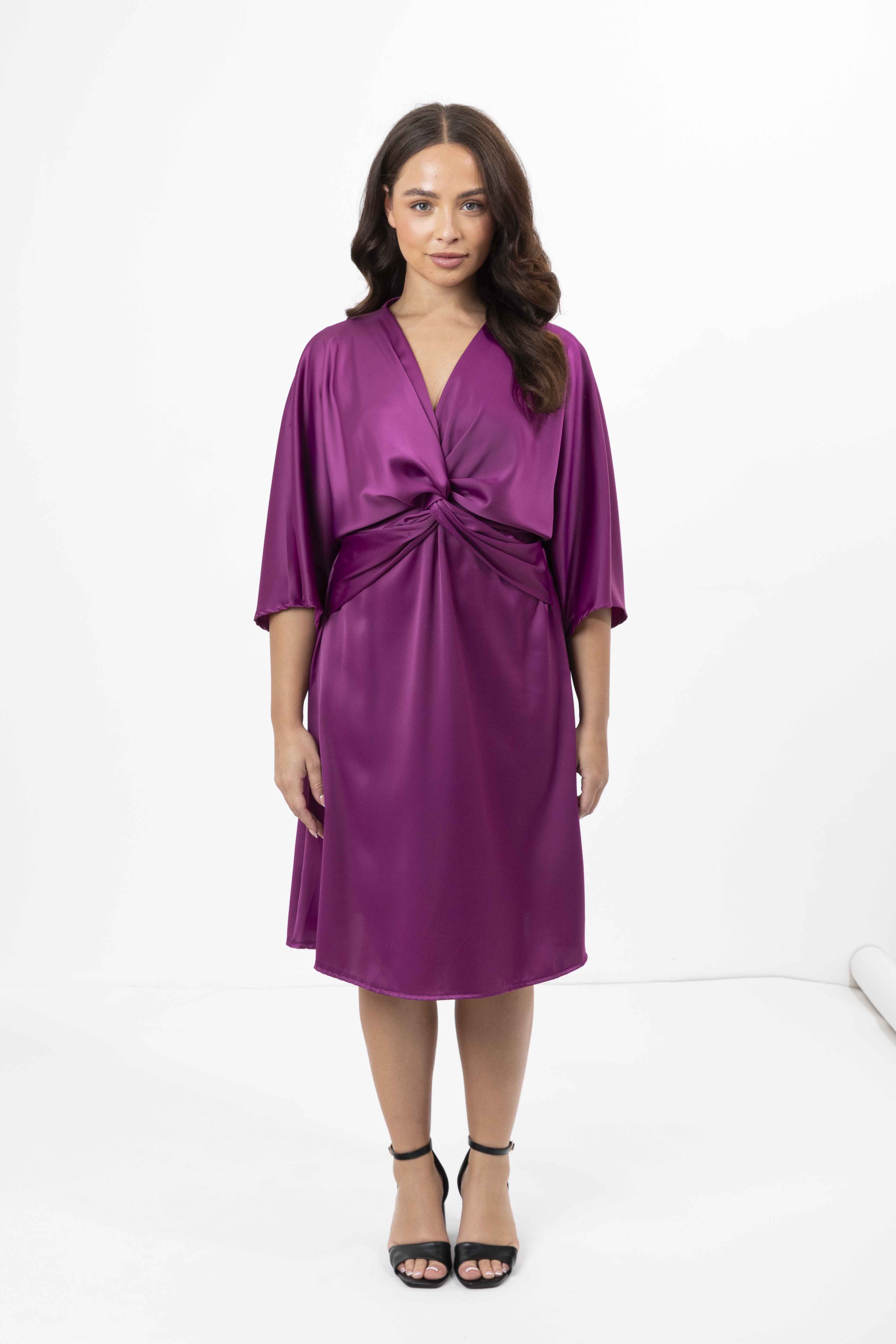 Twisted Plunge Satin Kimono Dress