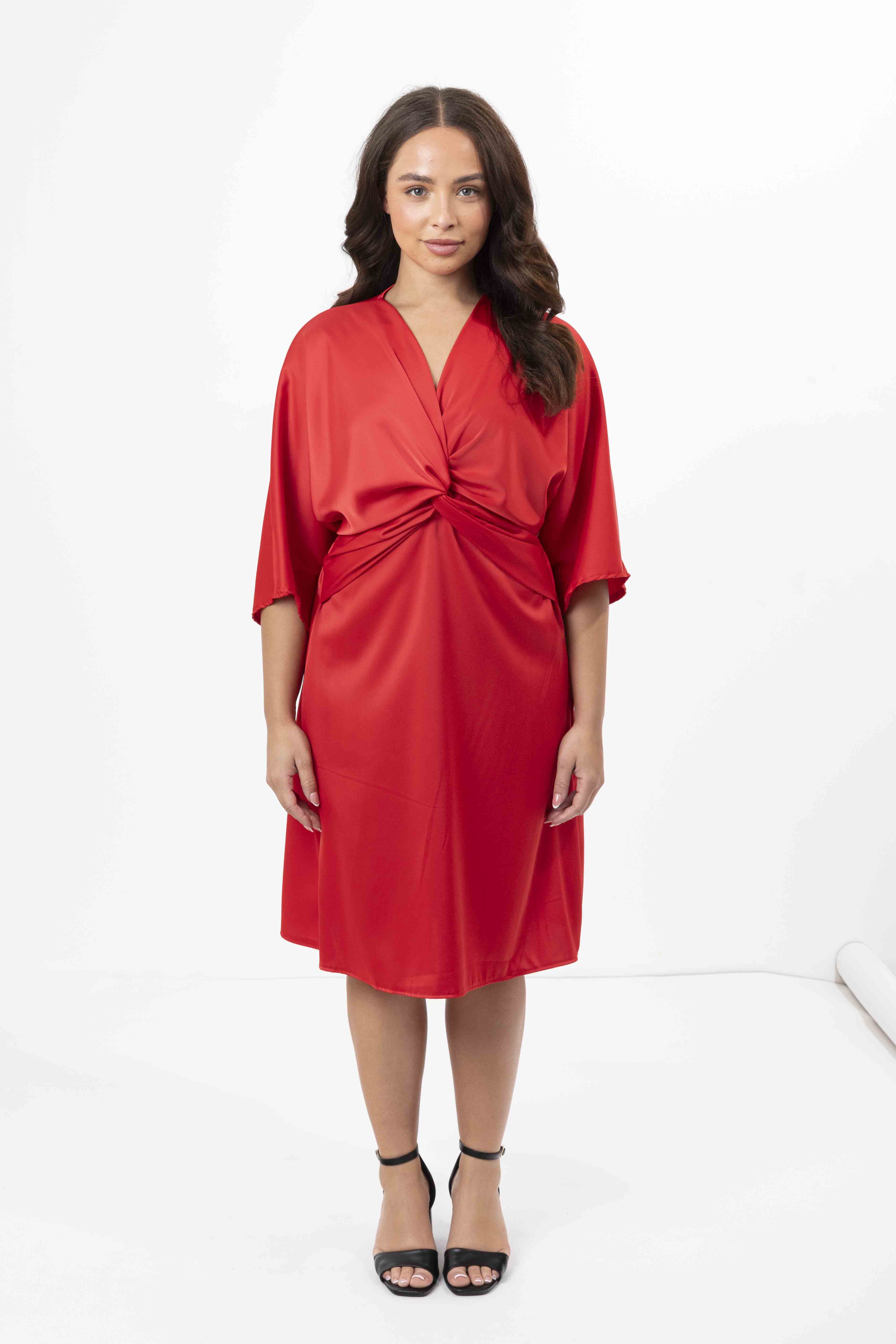 Twisted Plunge Satin Kimono Dress