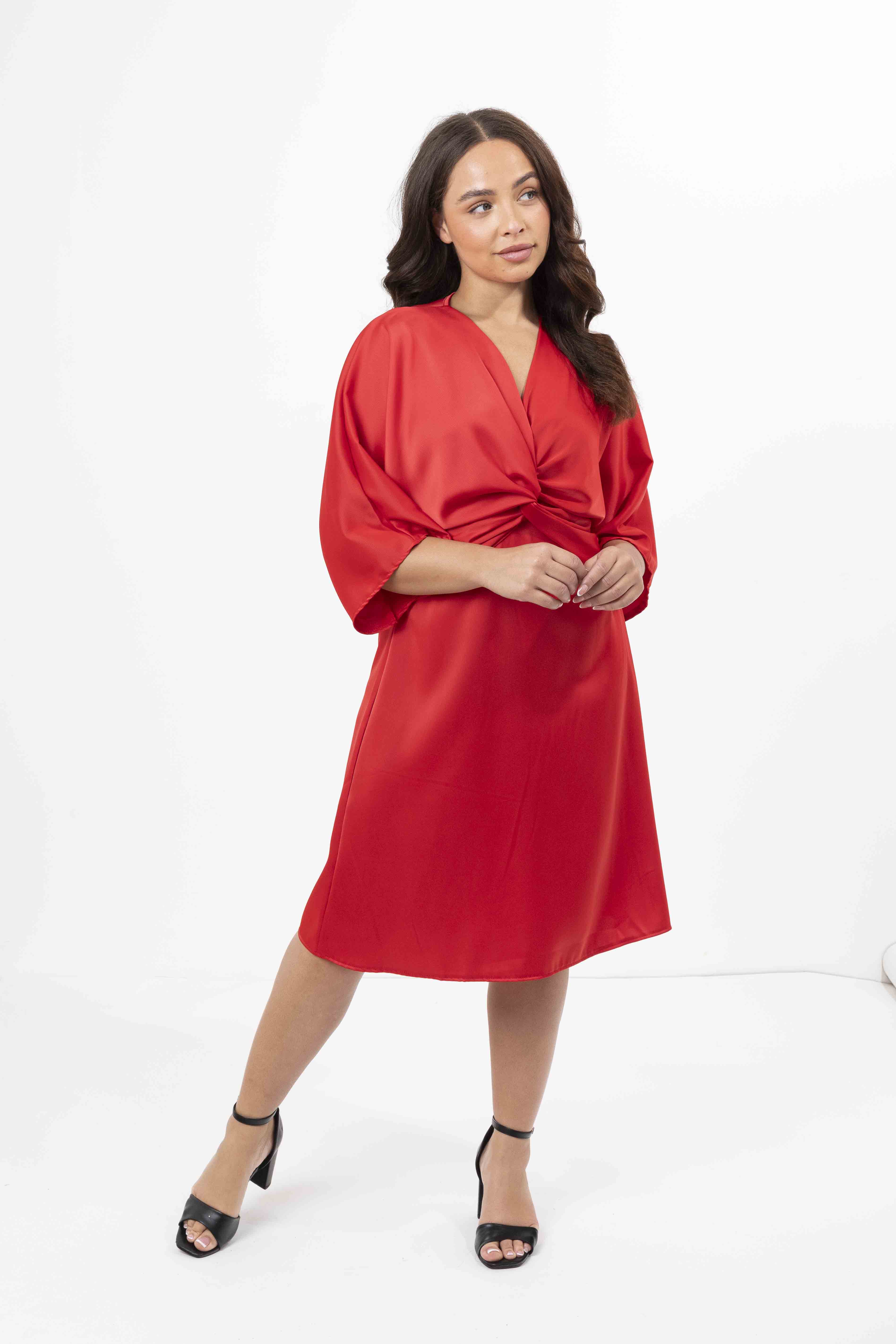 Twisted Plunge Satin Kimono Dress