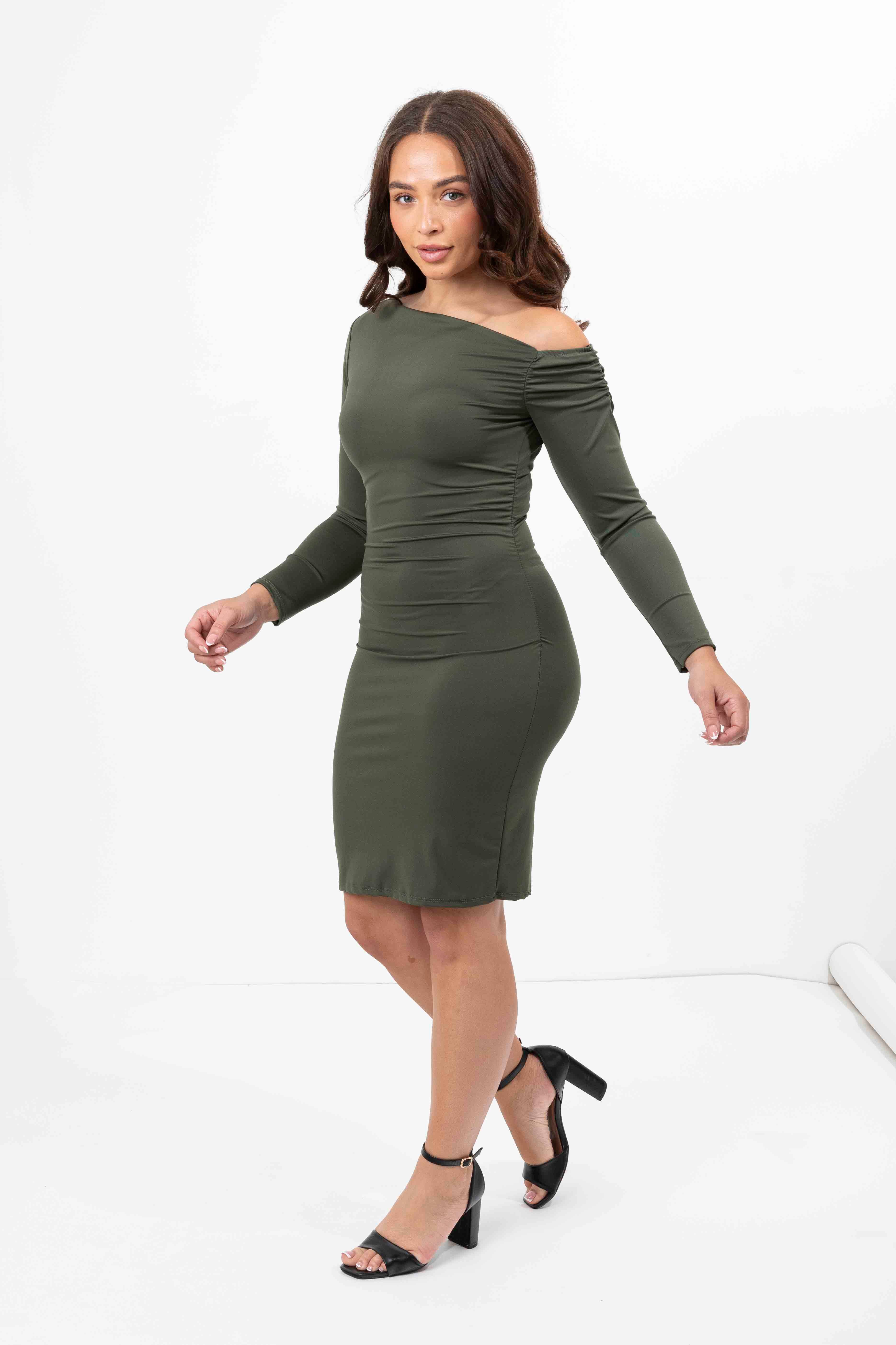 Long Sleeve One Shoulder Ruched Short Dress