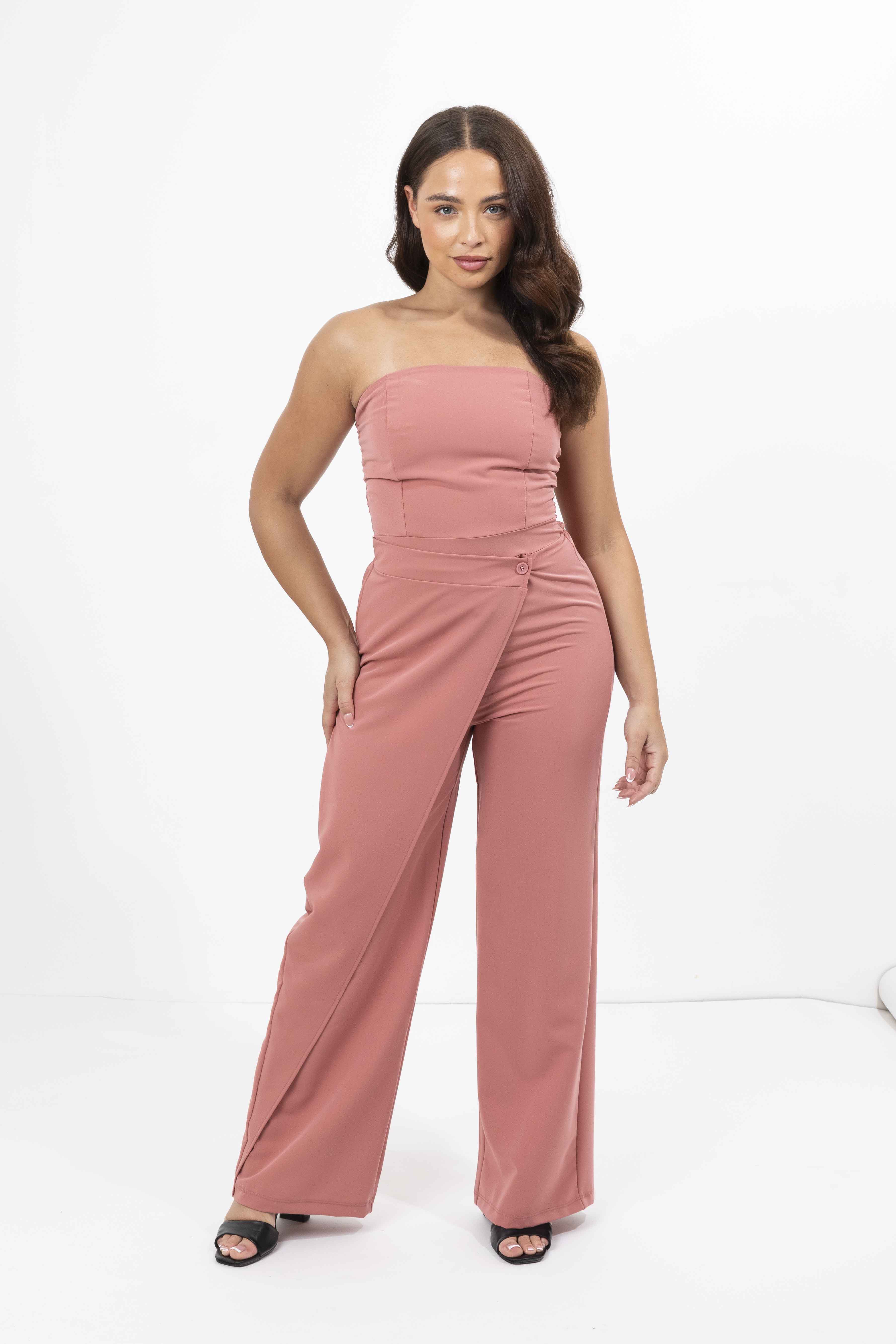 Strapless Wrap Detail Straight Leg Elegant Jumpsuit