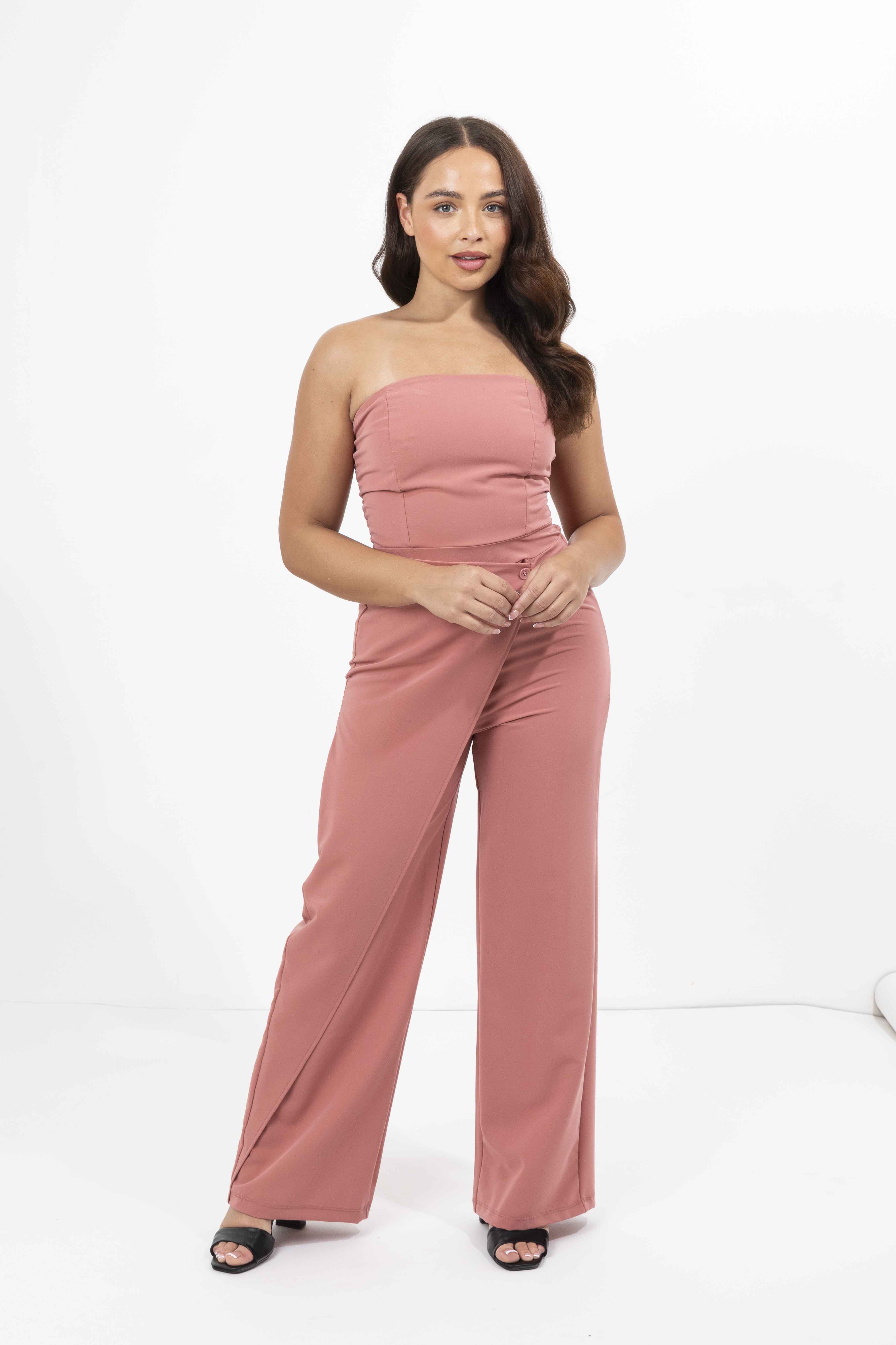 Strapless Wrap Detail Straight Leg Elegant Jumpsuit