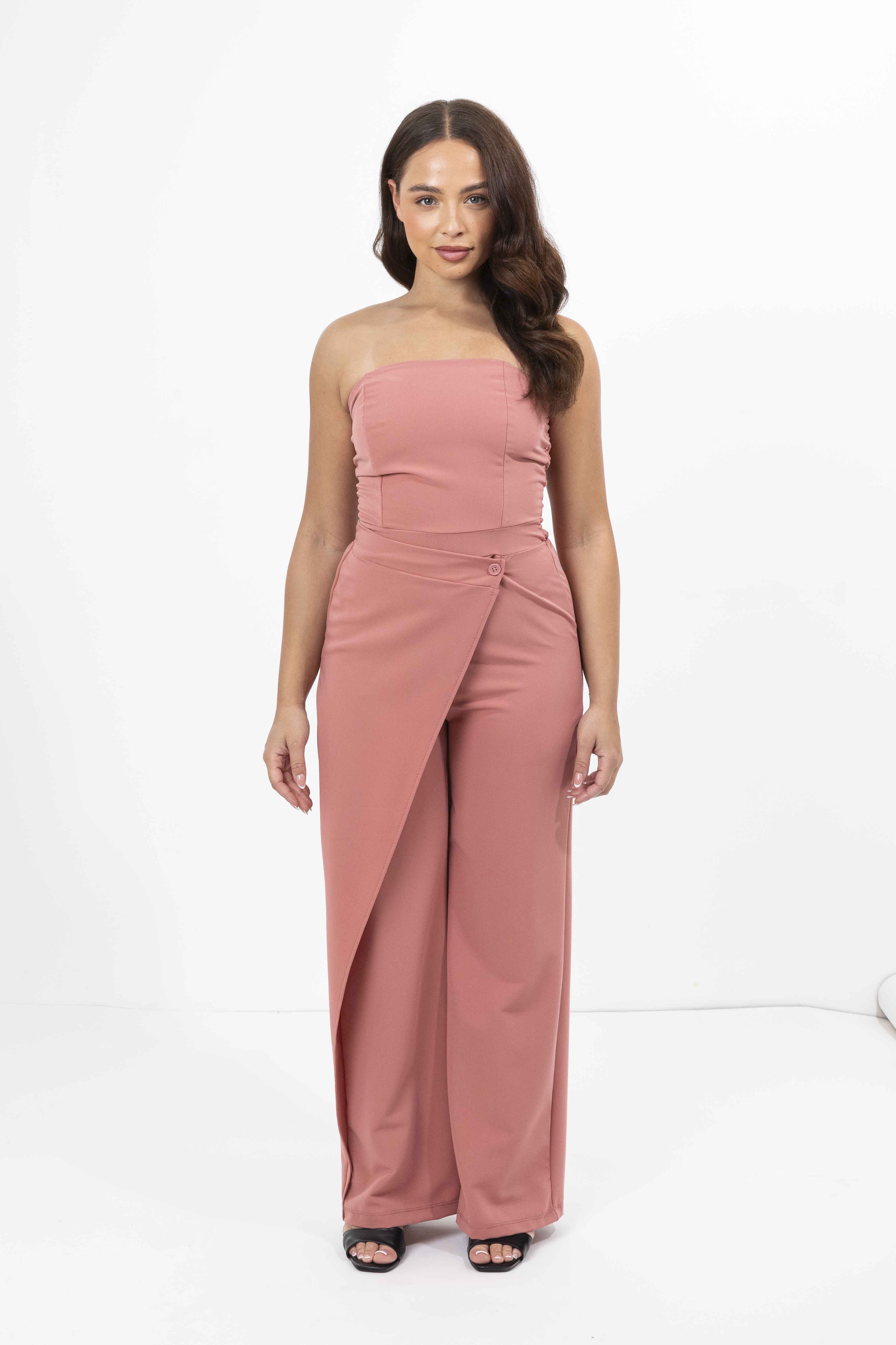 Strapless Wrap Detail Straight Leg Elegant Jumpsuit