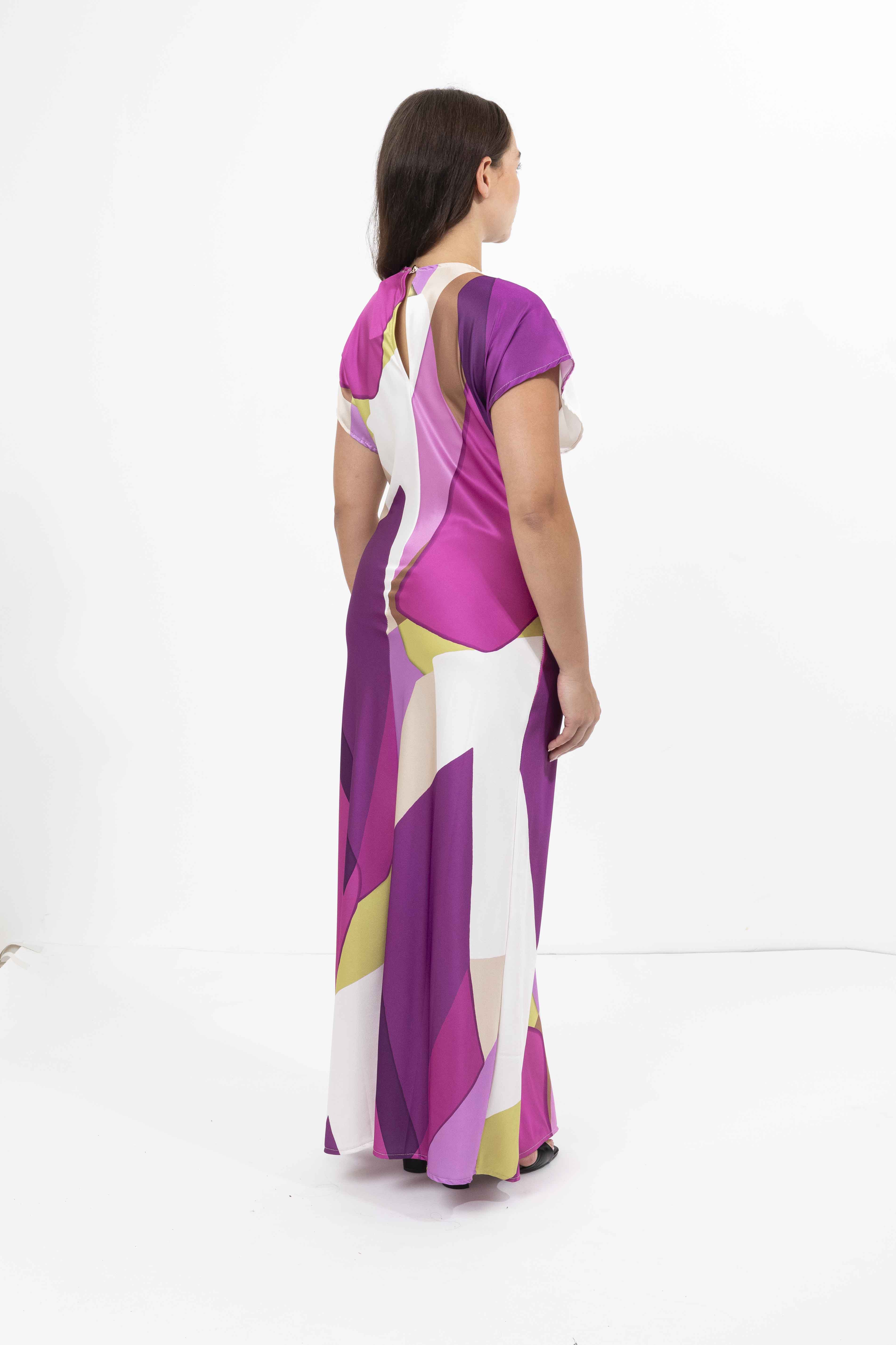 Abstract Print Twist Detail Satin Long Dress