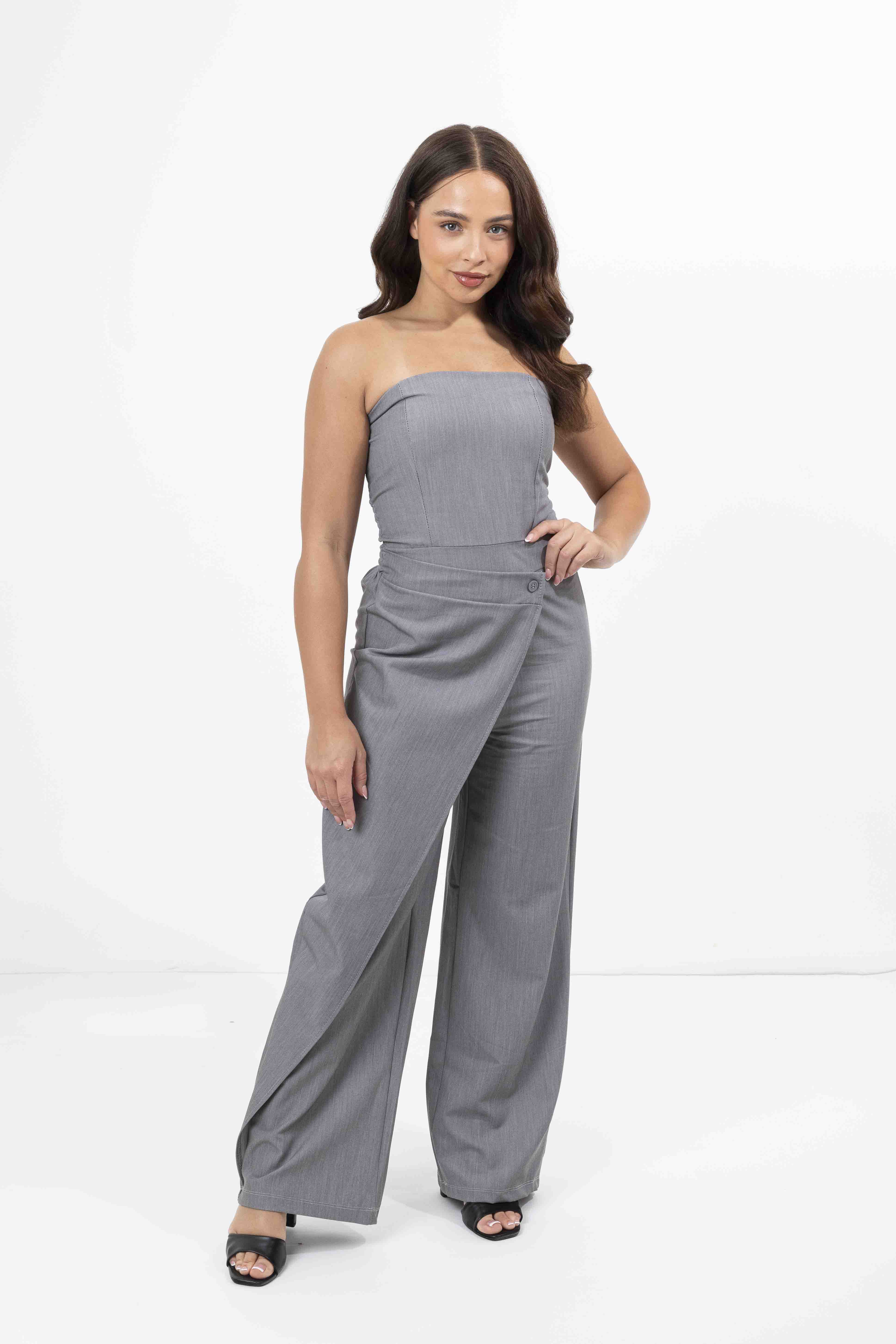 Strapless Wrap Detail Straight Leg Elegant Jumpsuit