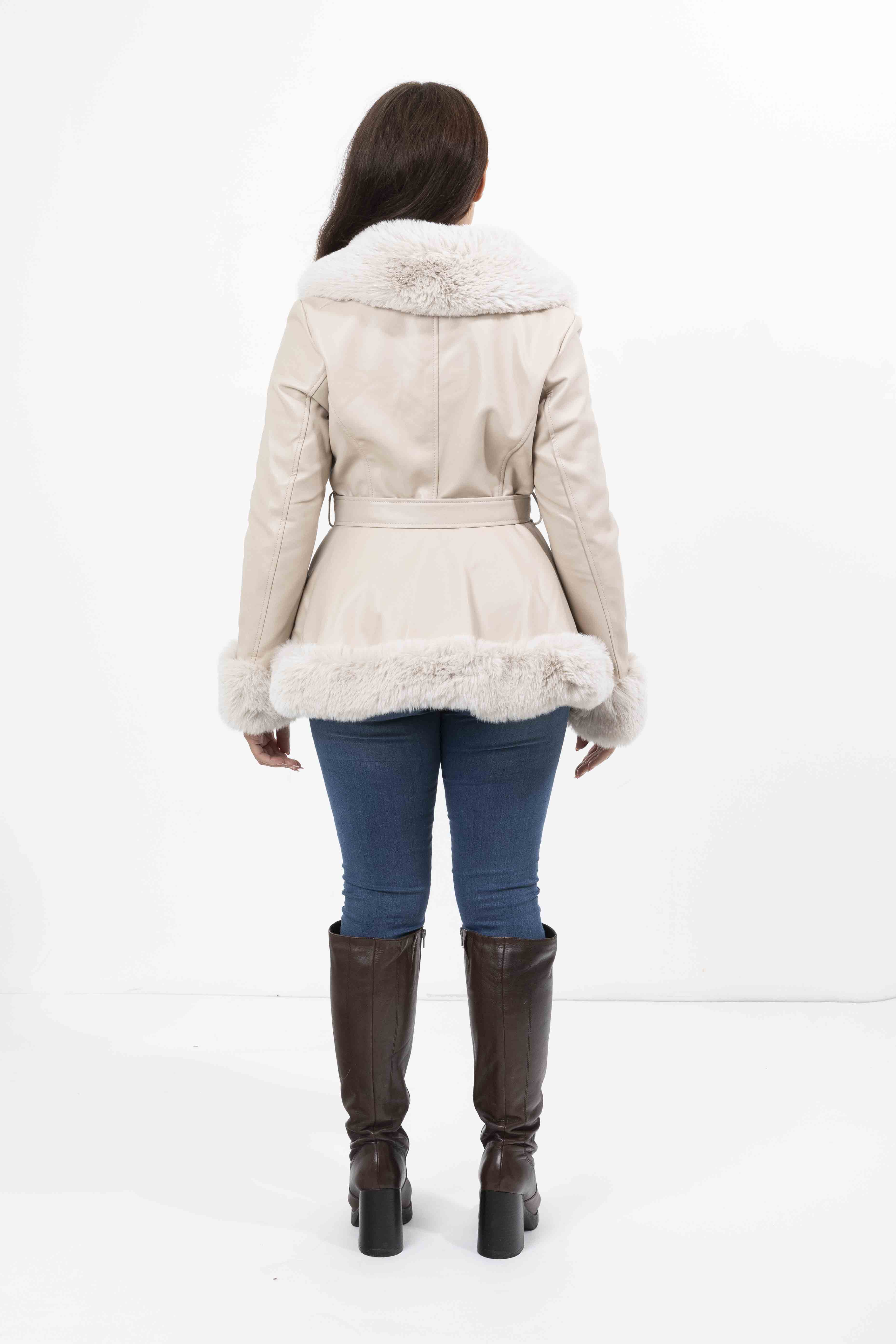 Faux Fur Trim And Lining Leather Look Tie Belt Peplum Elegant Winter Jacket