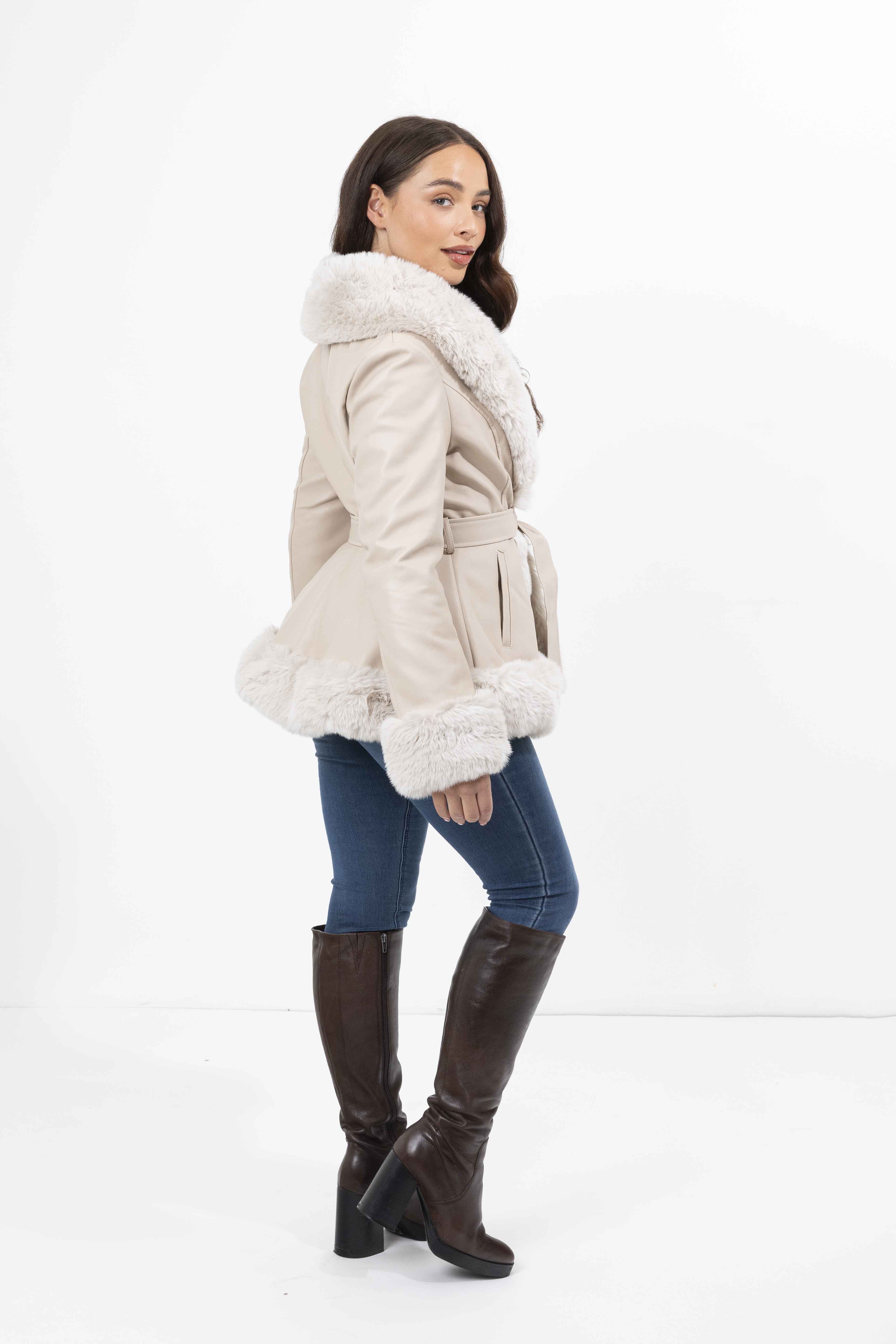 Faux Fur Trim And Lining Leather Look Tie Belt Peplum Elegant Winter Jacket