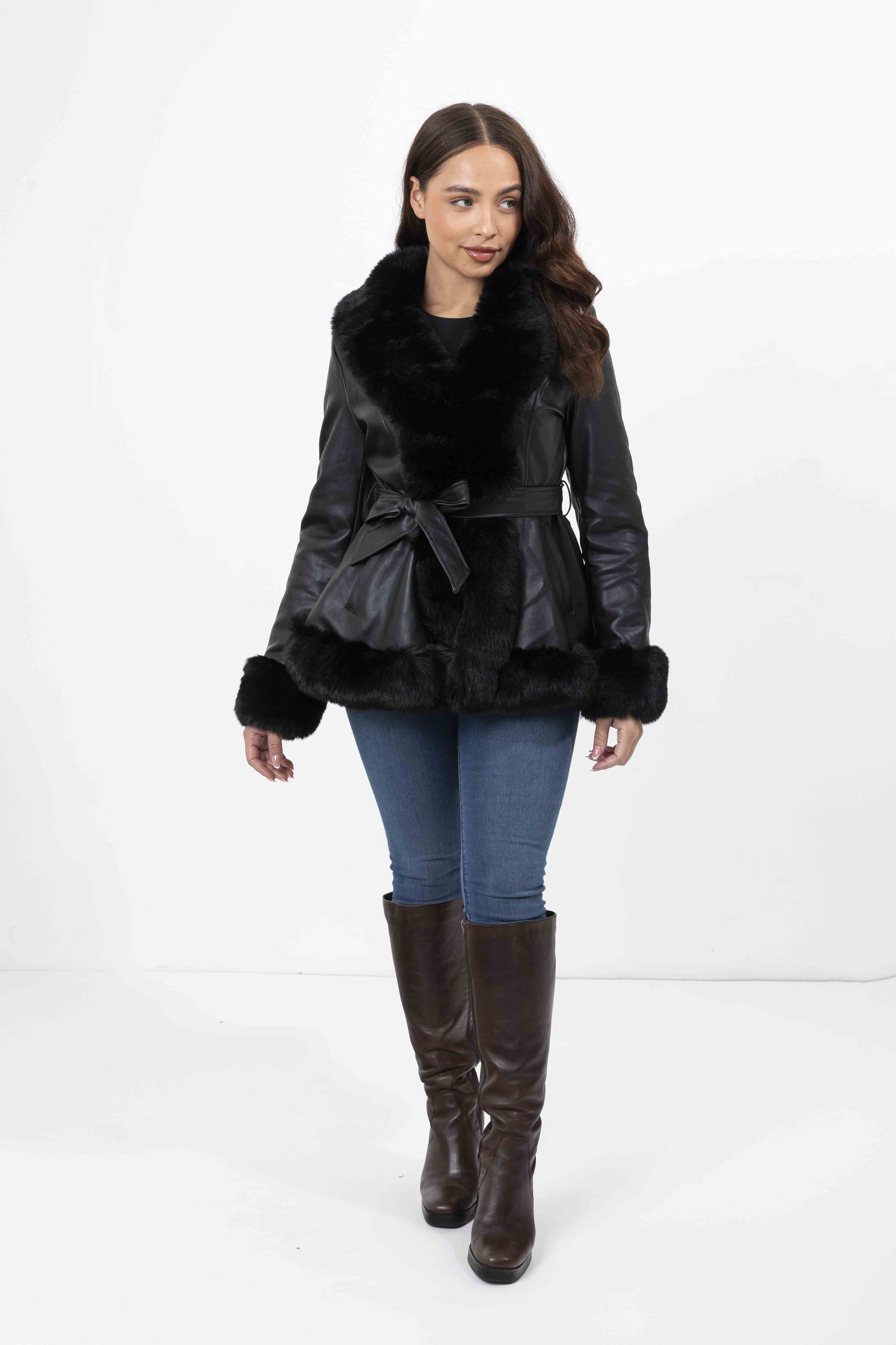 Faux Fur Trim And Lining Leather Look Tie Belt Peplum Elegant Winter Jacket