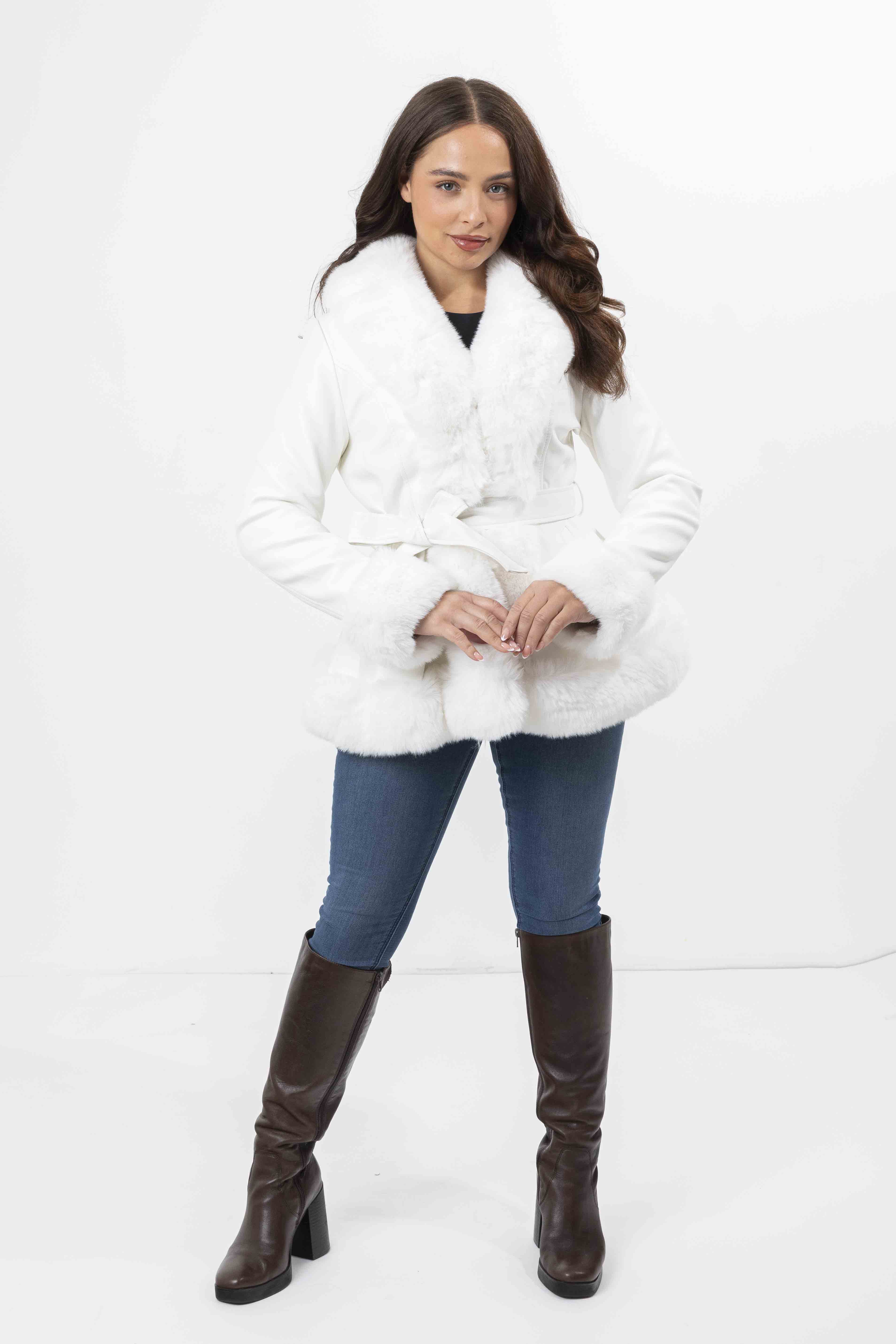 Faux Fur Trim And Lining Leather Look Tie Belt Peplum Elegant Winter Jacket