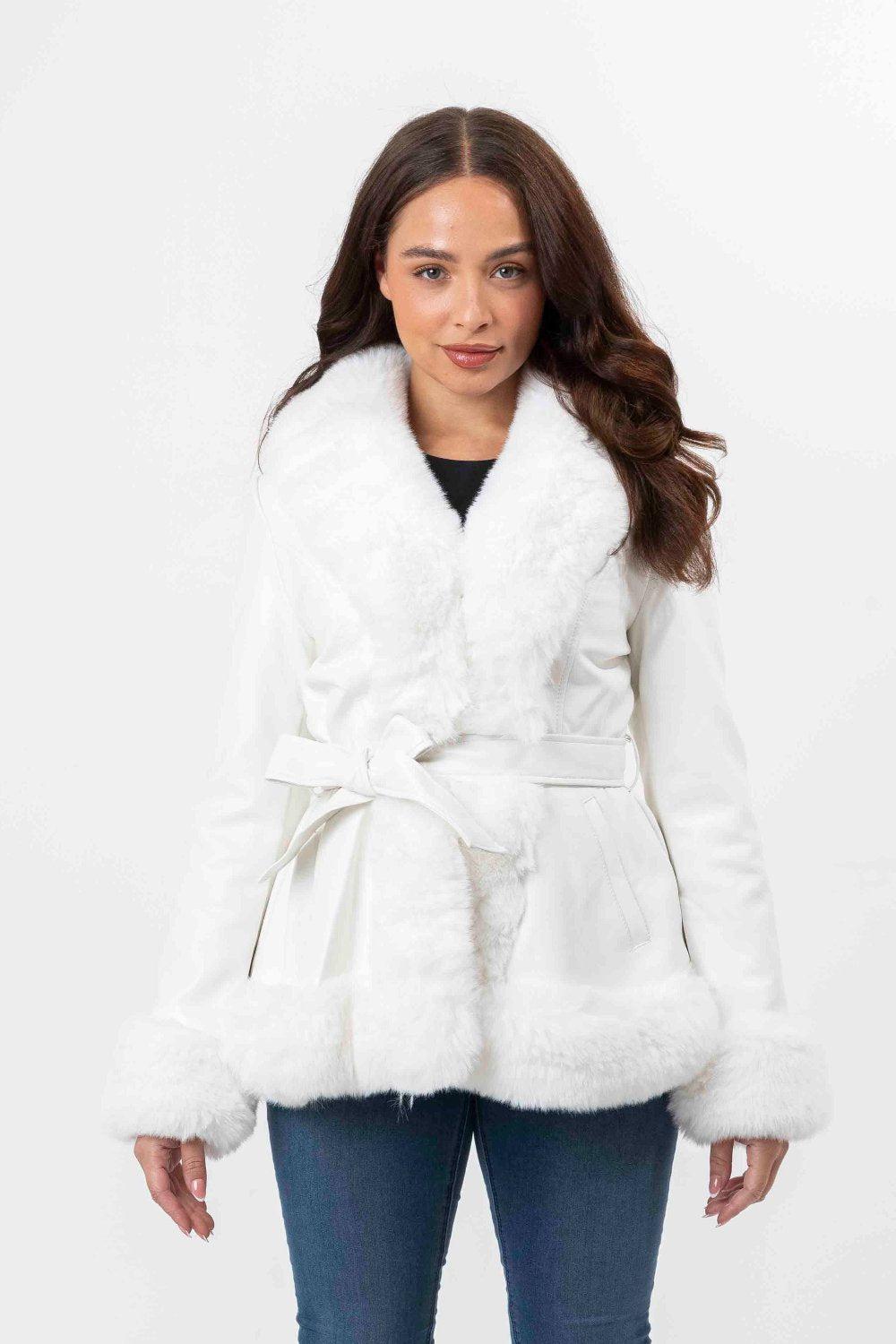 Faux Fur Trim And Lining Leather Look Tie Belt Peplum Elegant Winter Jacket