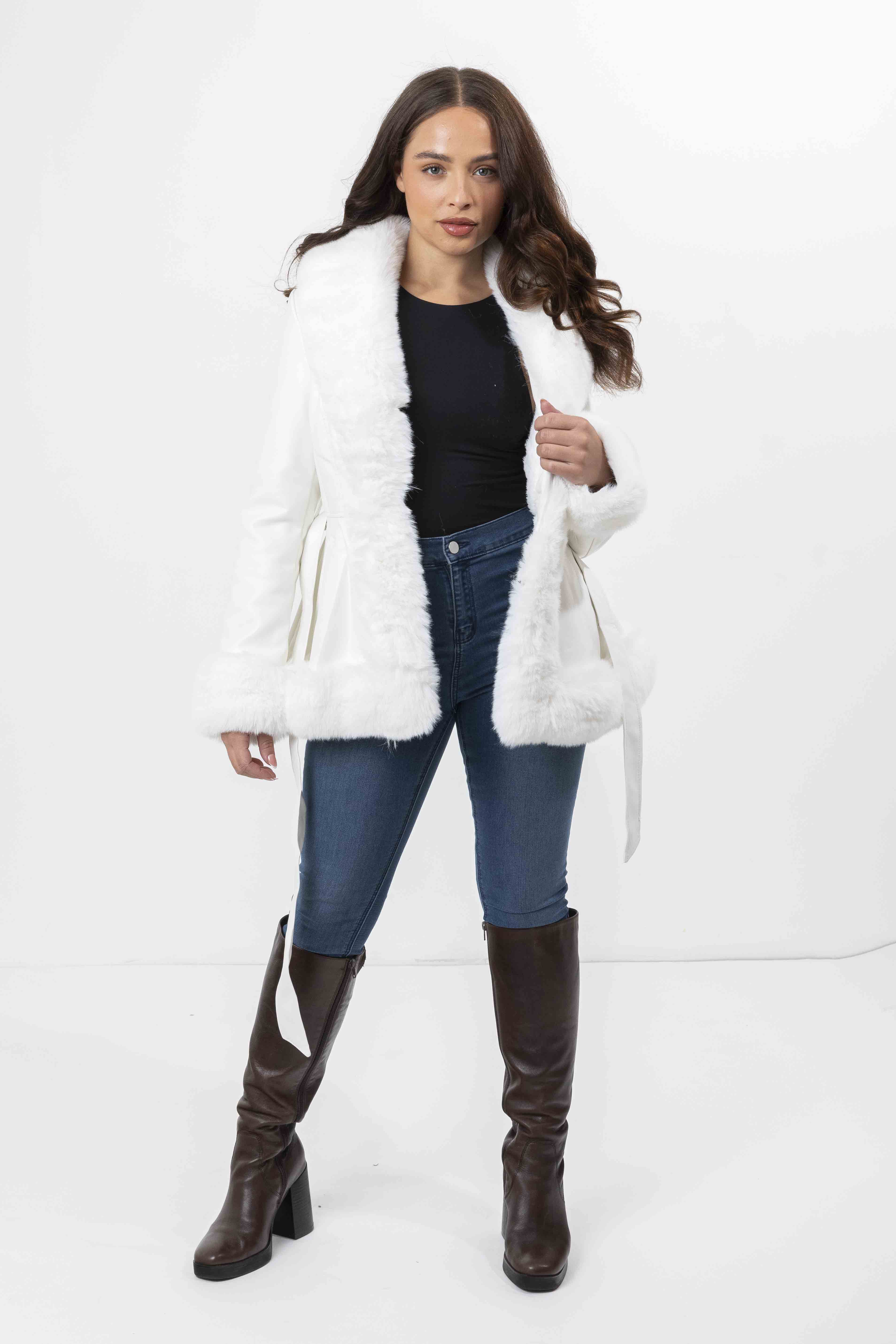 Faux Fur Trim And Lining Leather Look Tie Belt Peplum Elegant Winter Jacket