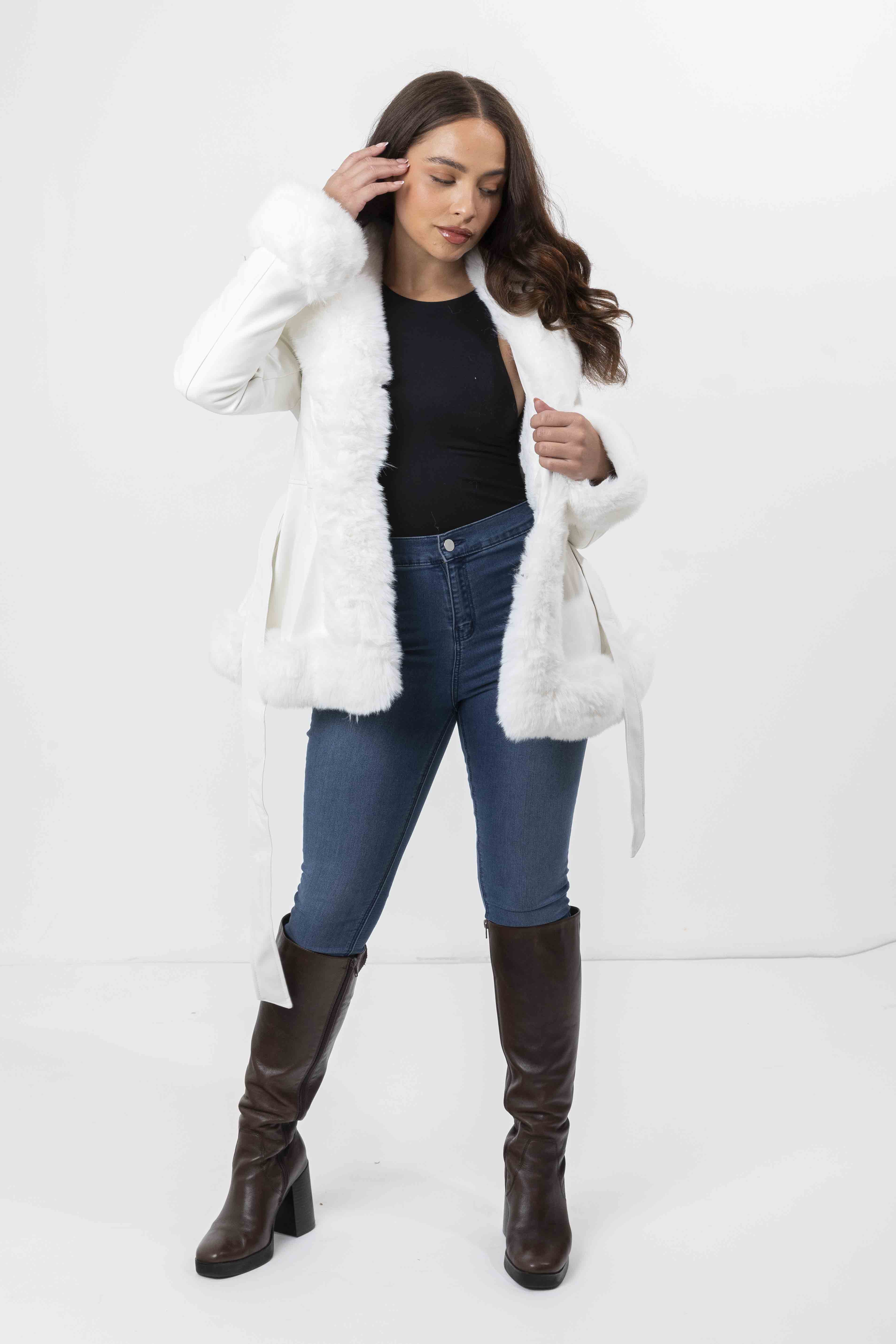 Faux Fur Trim And Lining Leather Look Tie Belt Elegant Hooded Peplum Winter Jacket