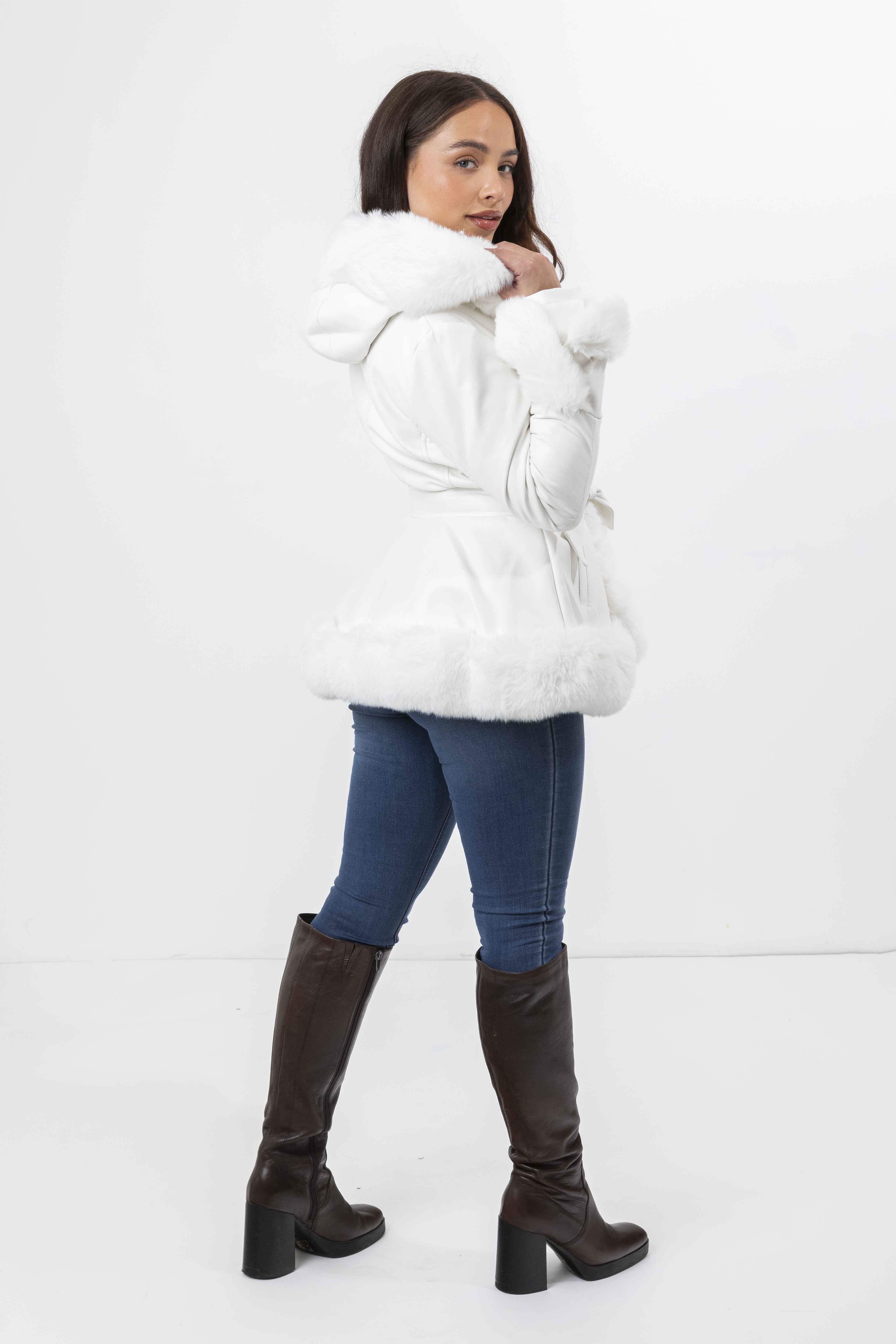 Faux Fur Trim And Lining Leather Look Tie Belt Elegant Hooded Peplum Winter Jacket