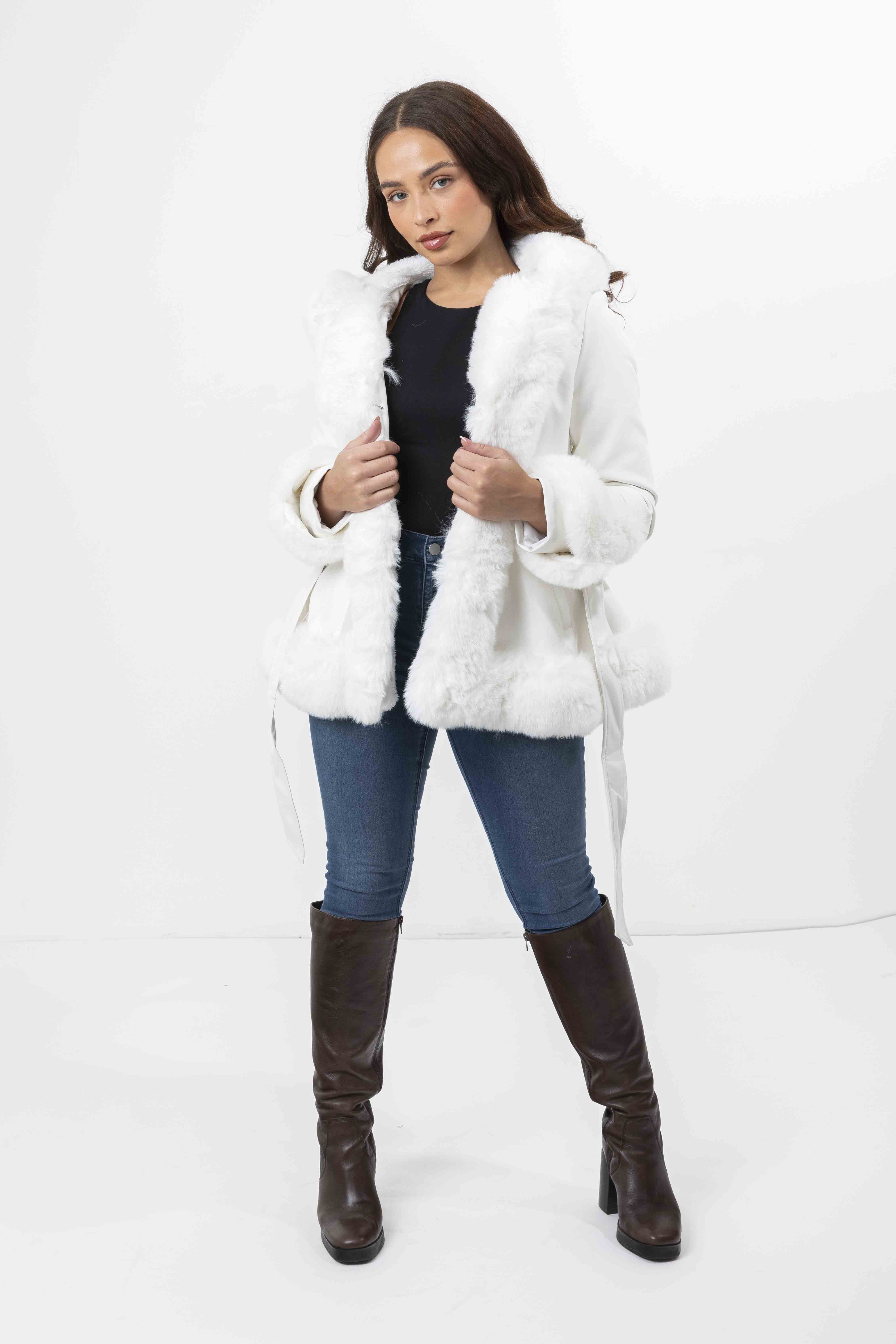 Faux Fur Trim And Lining Leather Look Tie Belt Elegant Hooded Peplum Winter Jacket