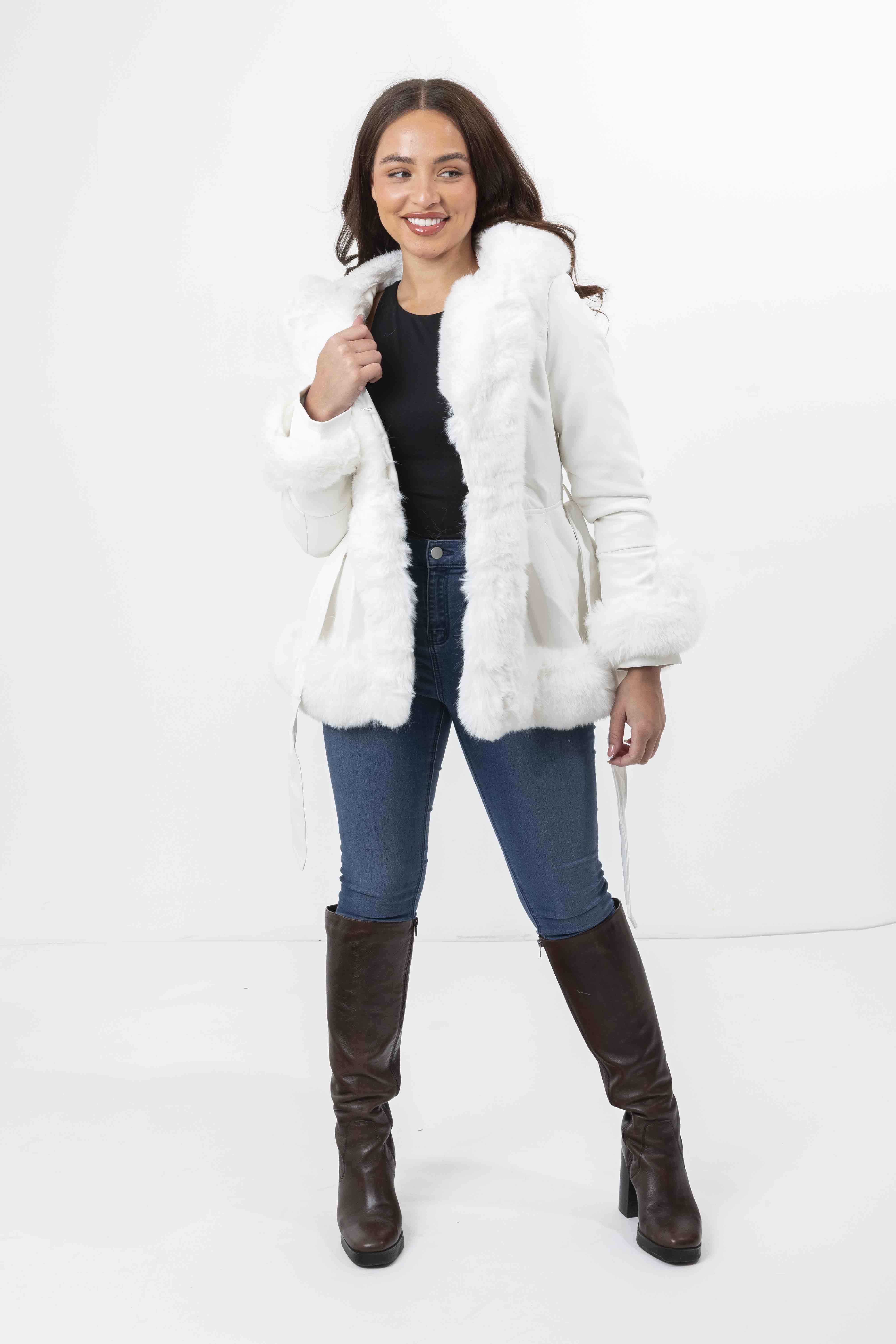 Faux Fur Trim And Lining Leather Look Tie Belt Elegant Hooded Peplum Winter Jacket