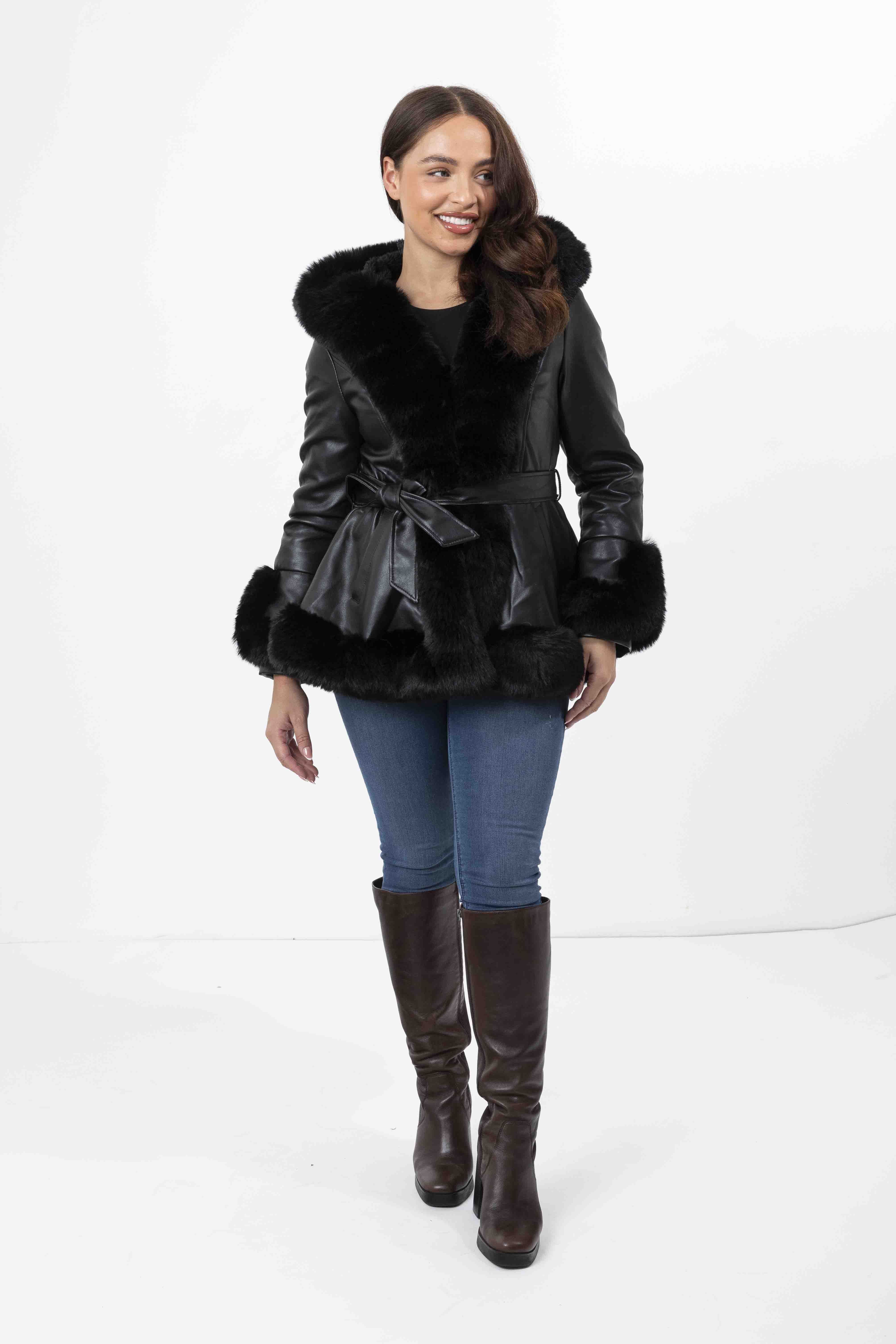 Faux Fur Trim And Lining Leather Look Tie Belt Elegant Hooded Peplum Winter Jacket