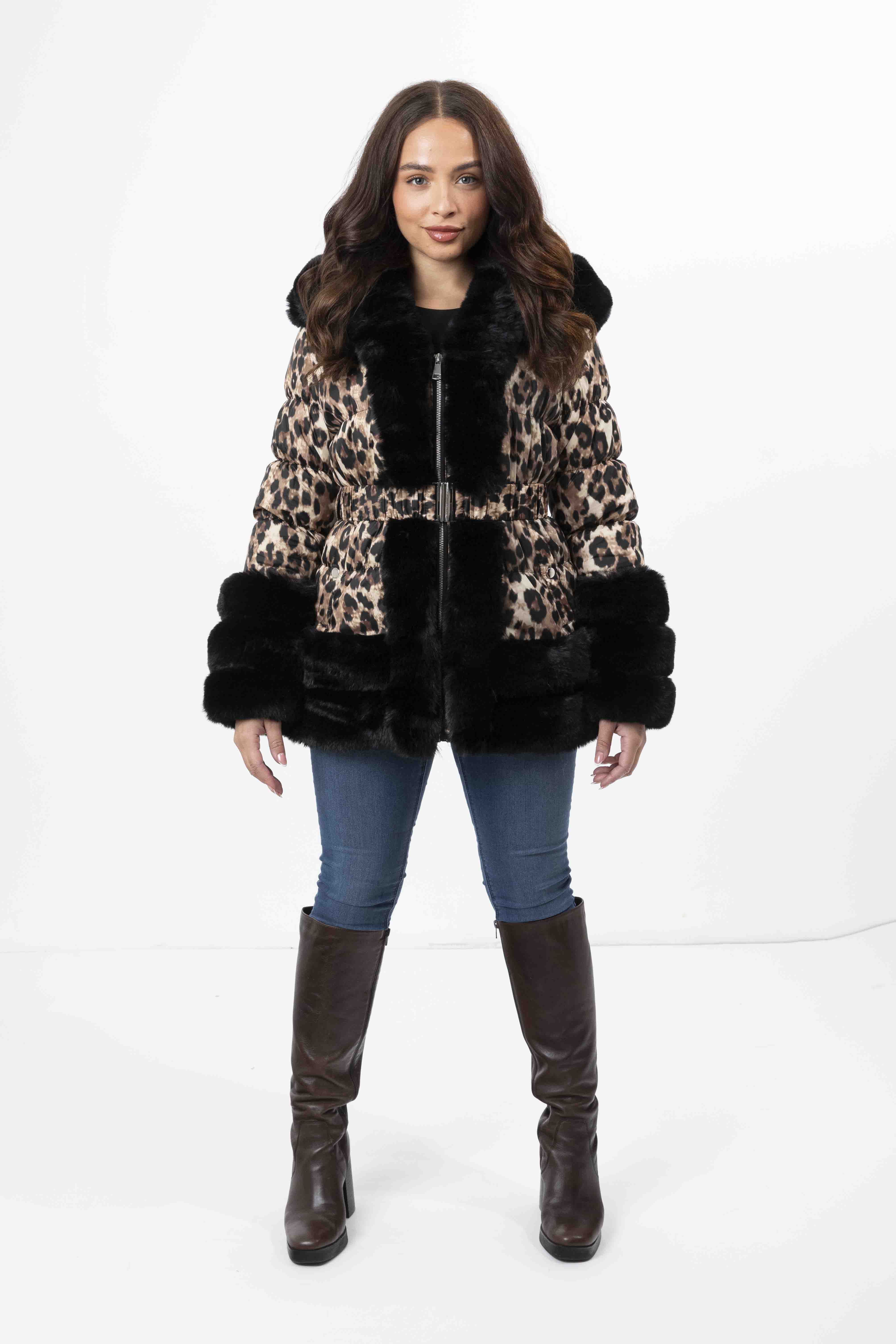 Hooded Faux Fur Hem Elasticated Belt Lined Jacket