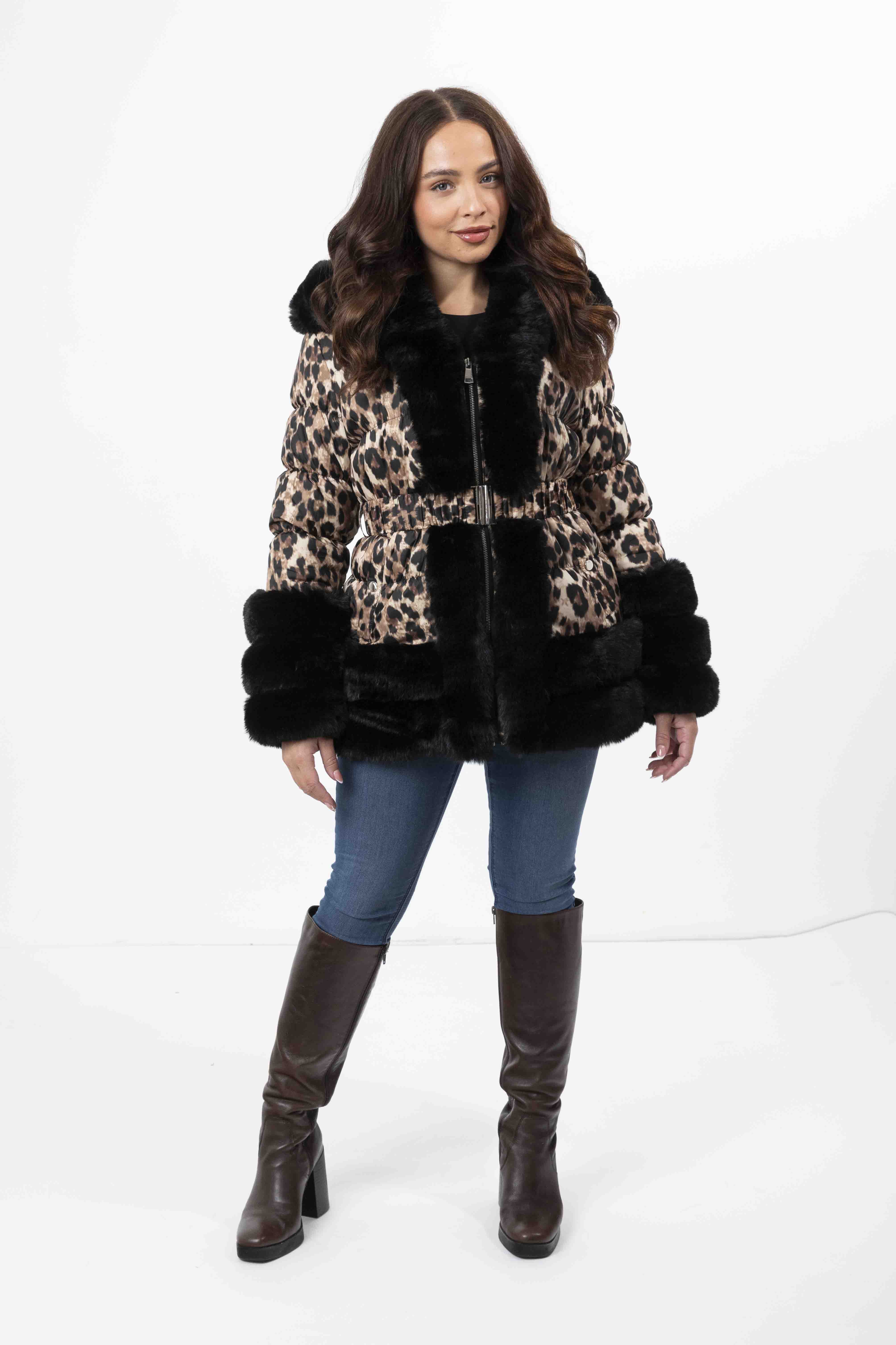 Hooded Faux Fur Hem Elasticated Belt Lined Jacket