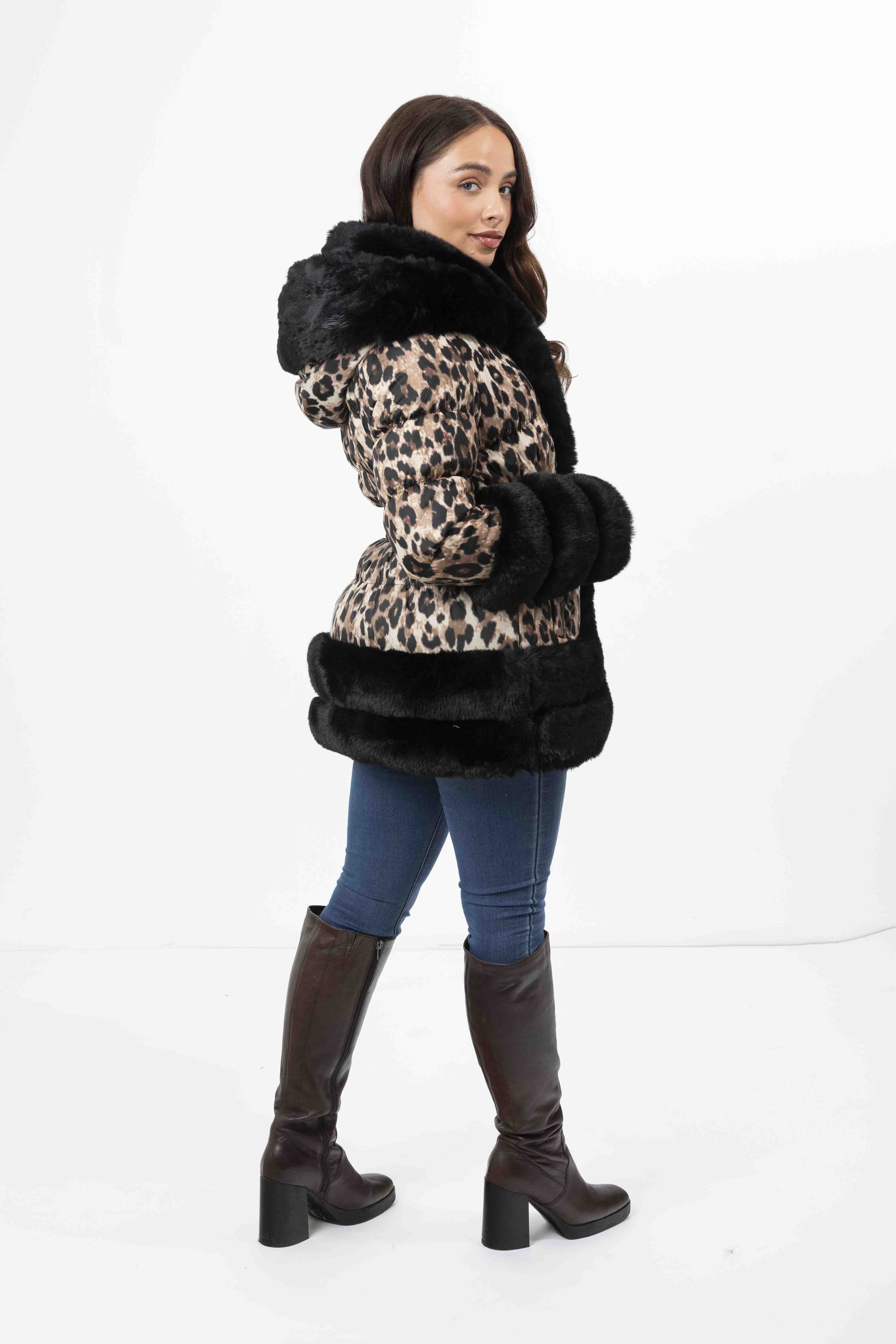 Hooded Faux Fur Hem Elasticated Belt Lined Jacket