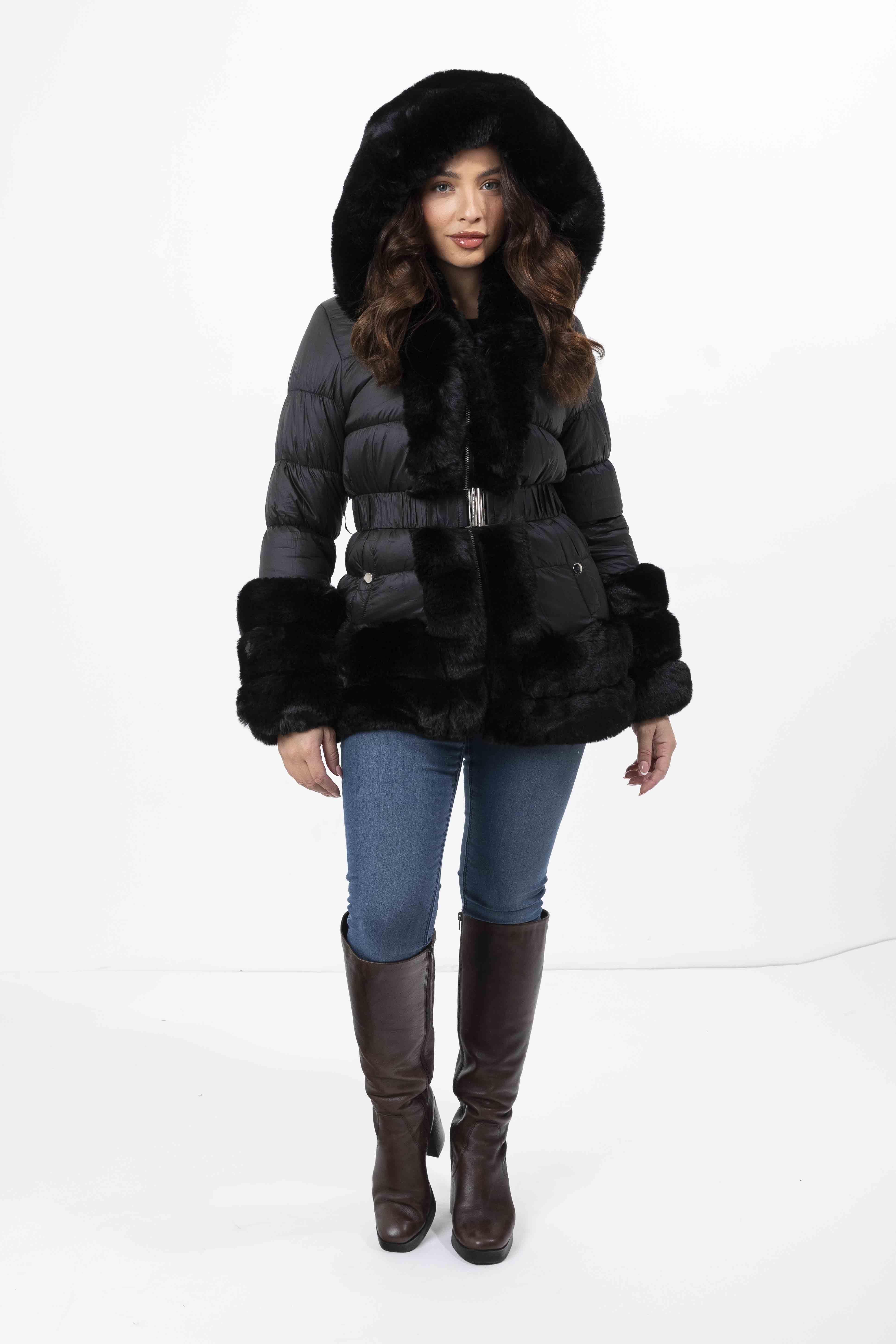 Wholesale Women's Hooded Faux Fur Hem Elasticated Belt Lined Jacket (PACK OF 8)