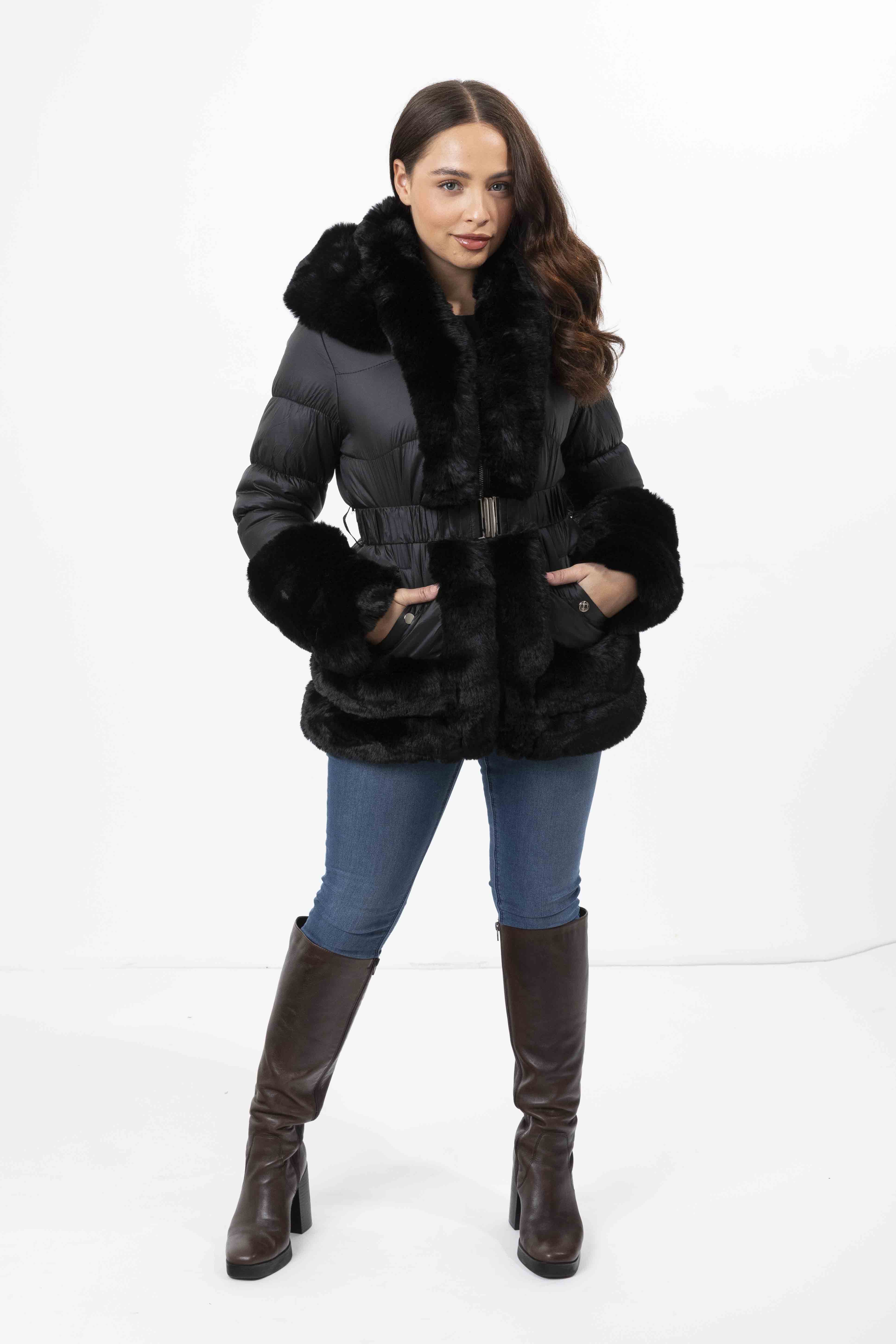 Wholesale Women's Hooded Faux Fur Hem Elasticated Belt Lined Jacket (PACK OF 8)