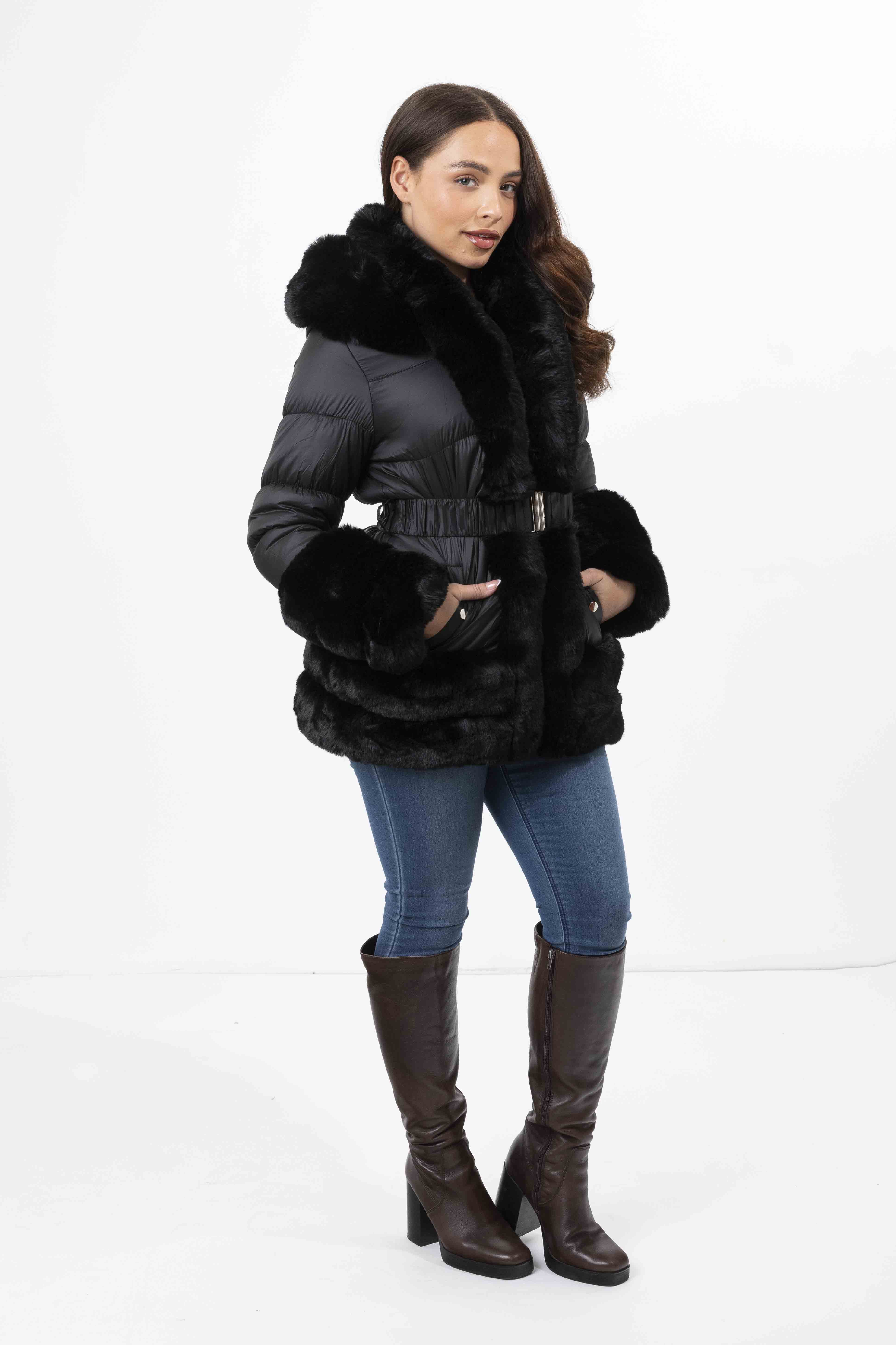 Wholesale Women's Hooded Faux Fur Hem Elasticated Belt Lined Jacket (PACK OF 8)