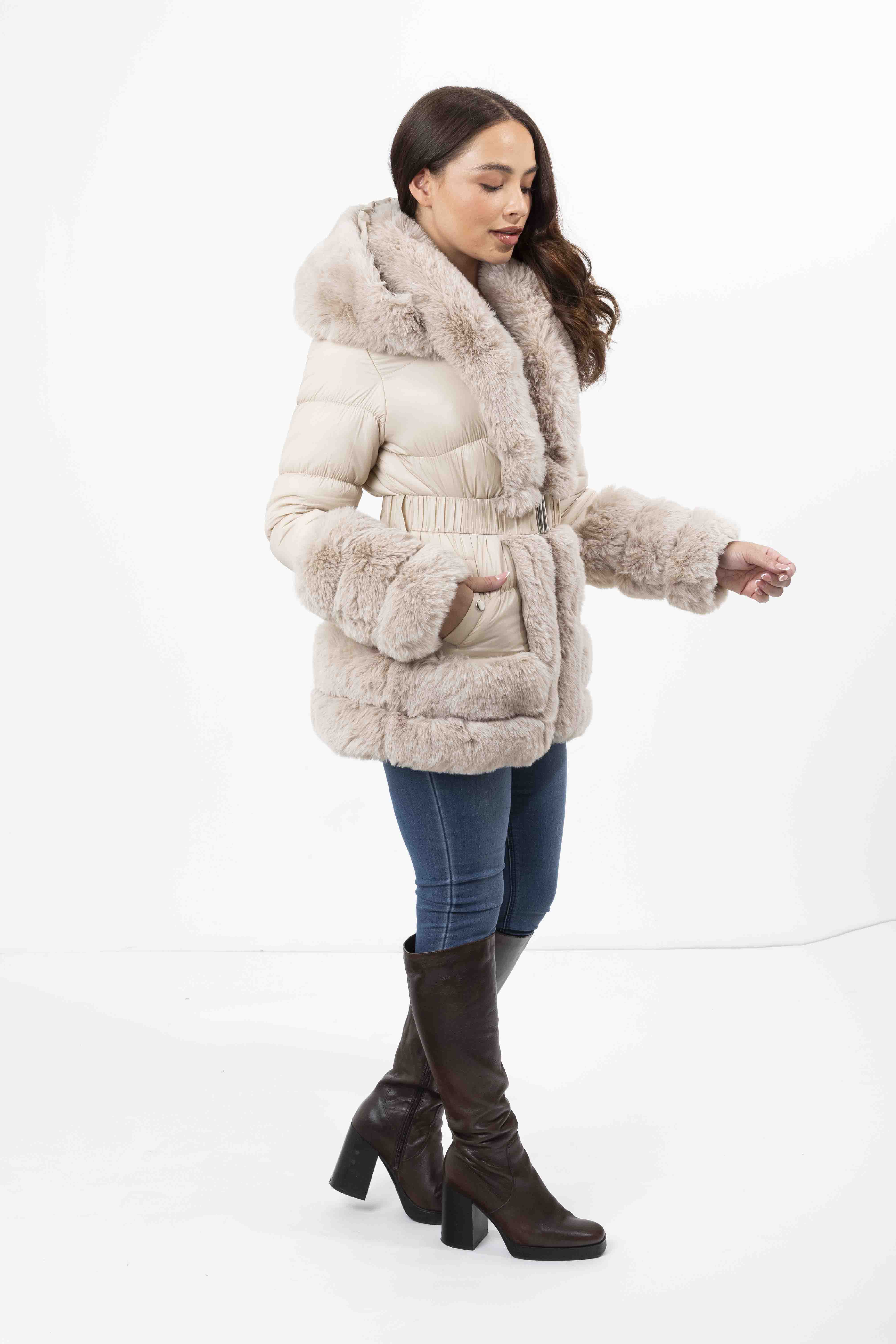 Hooded Faux Fur Hem Elasticated Belt Lined Jacket