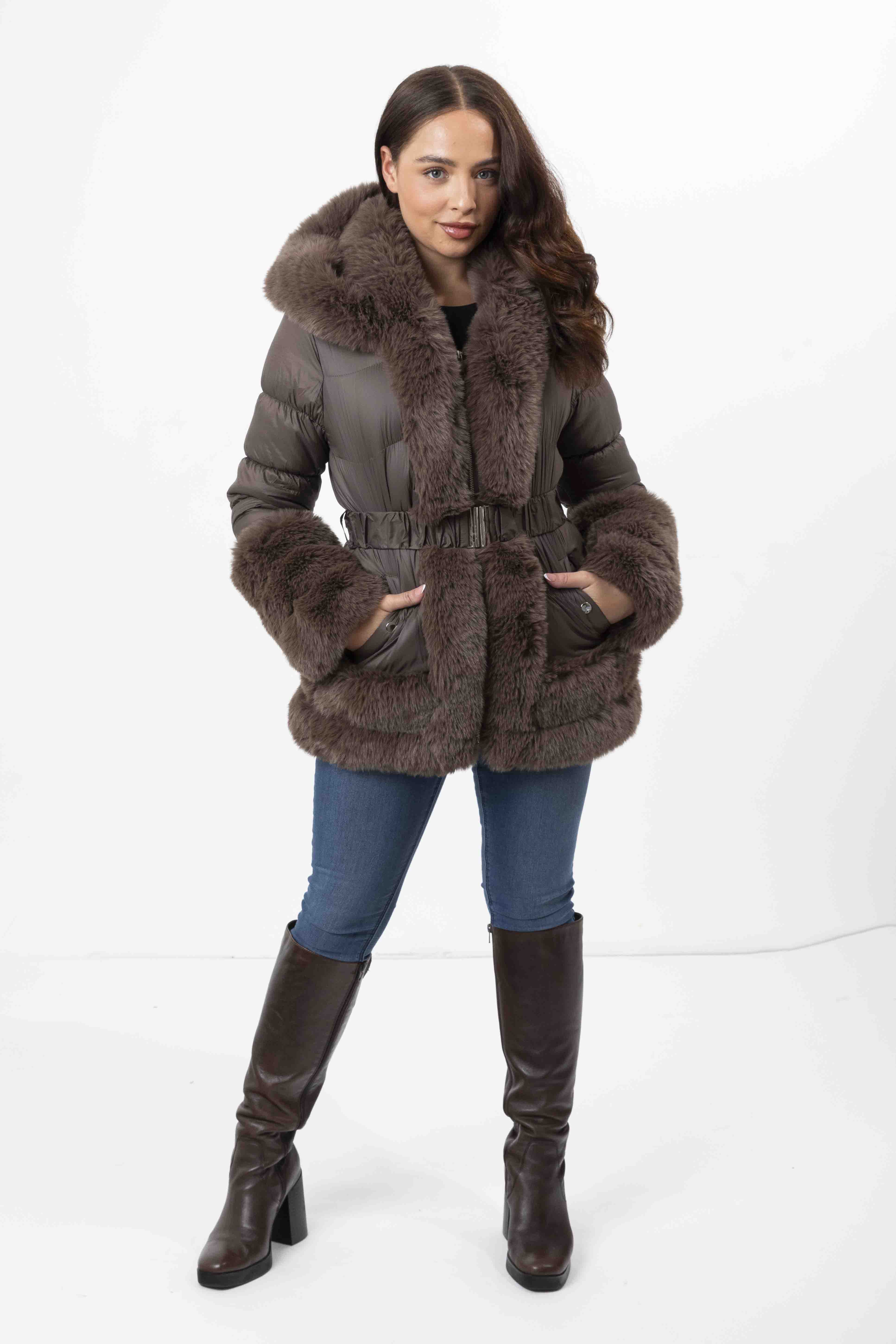 Wholesale Women's Hooded Faux Fur Hem Elasticated Belt Lined Jacket (PACK OF 8)