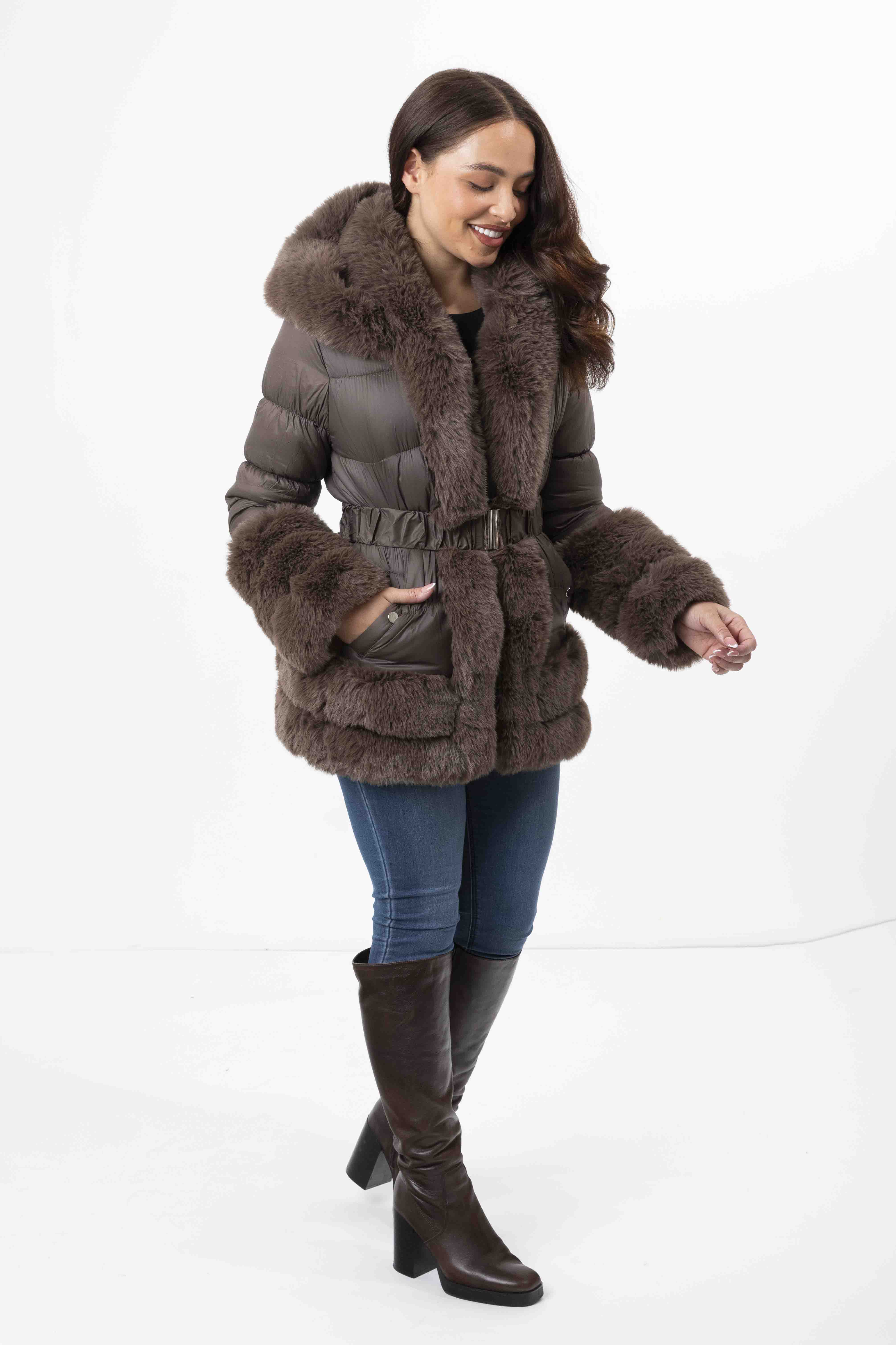 Wholesale Women's Hooded Faux Fur Hem Elasticated Belt Lined Jacket (PACK OF 8)