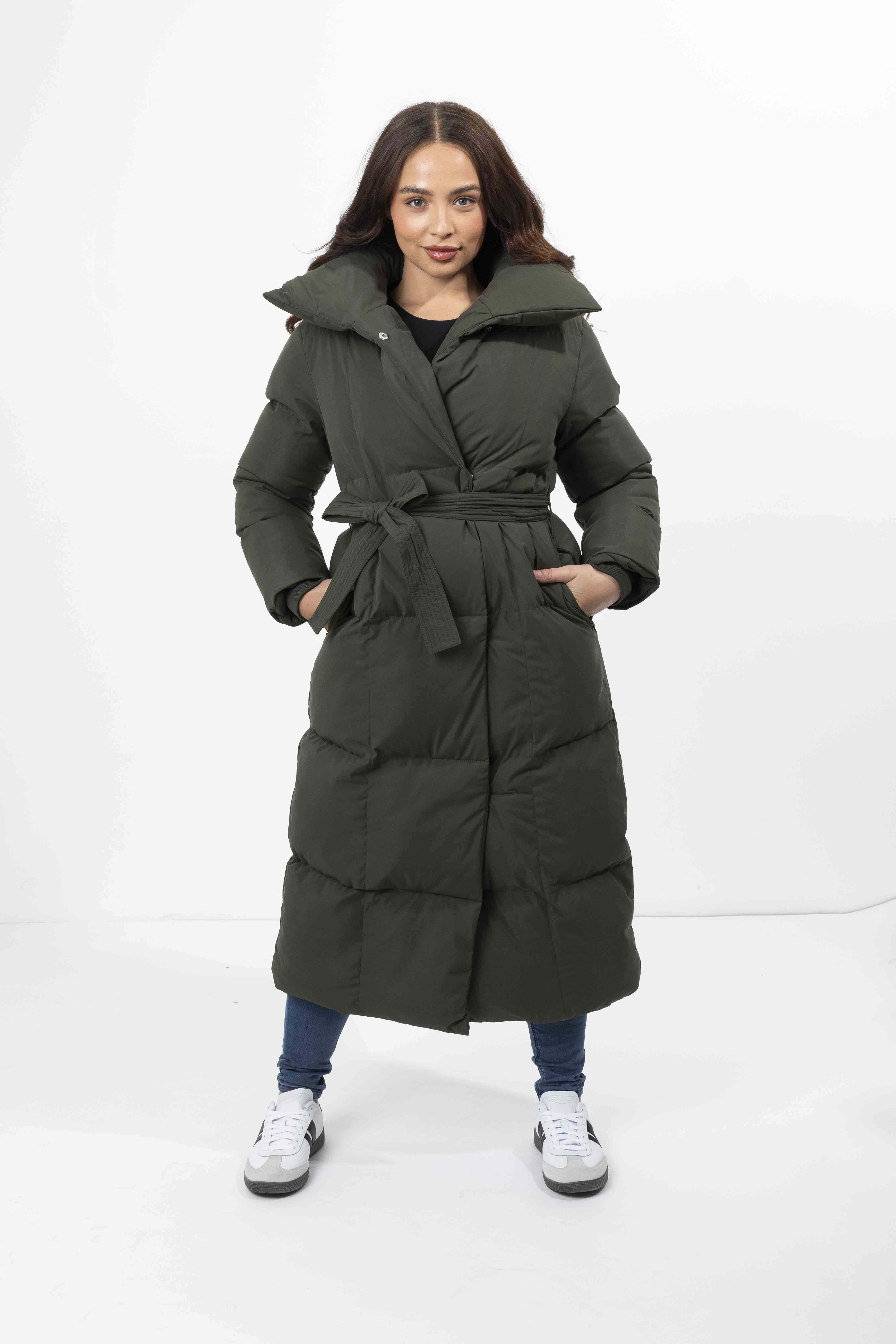 Wholesale Women's High Neck Quilted Tie Belt Relaxed Fit Long Winter Jacket (PACK OF 6)