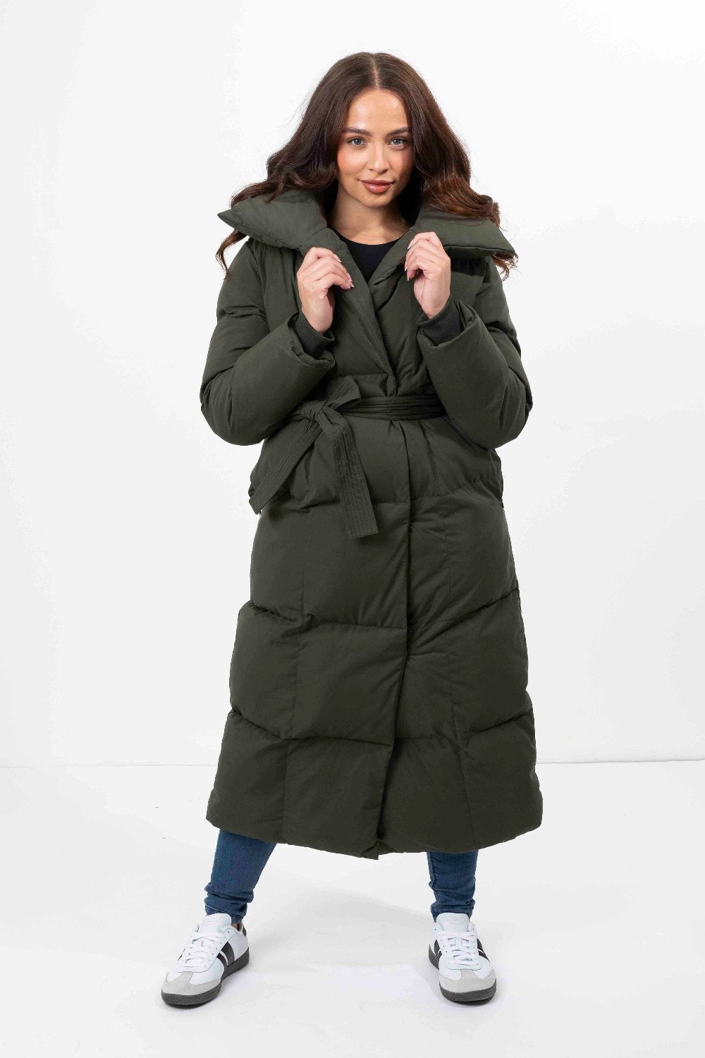 Wholesale Womens High Neck Quilted Tie Belt Relaxed Fit Long Winter Jacket