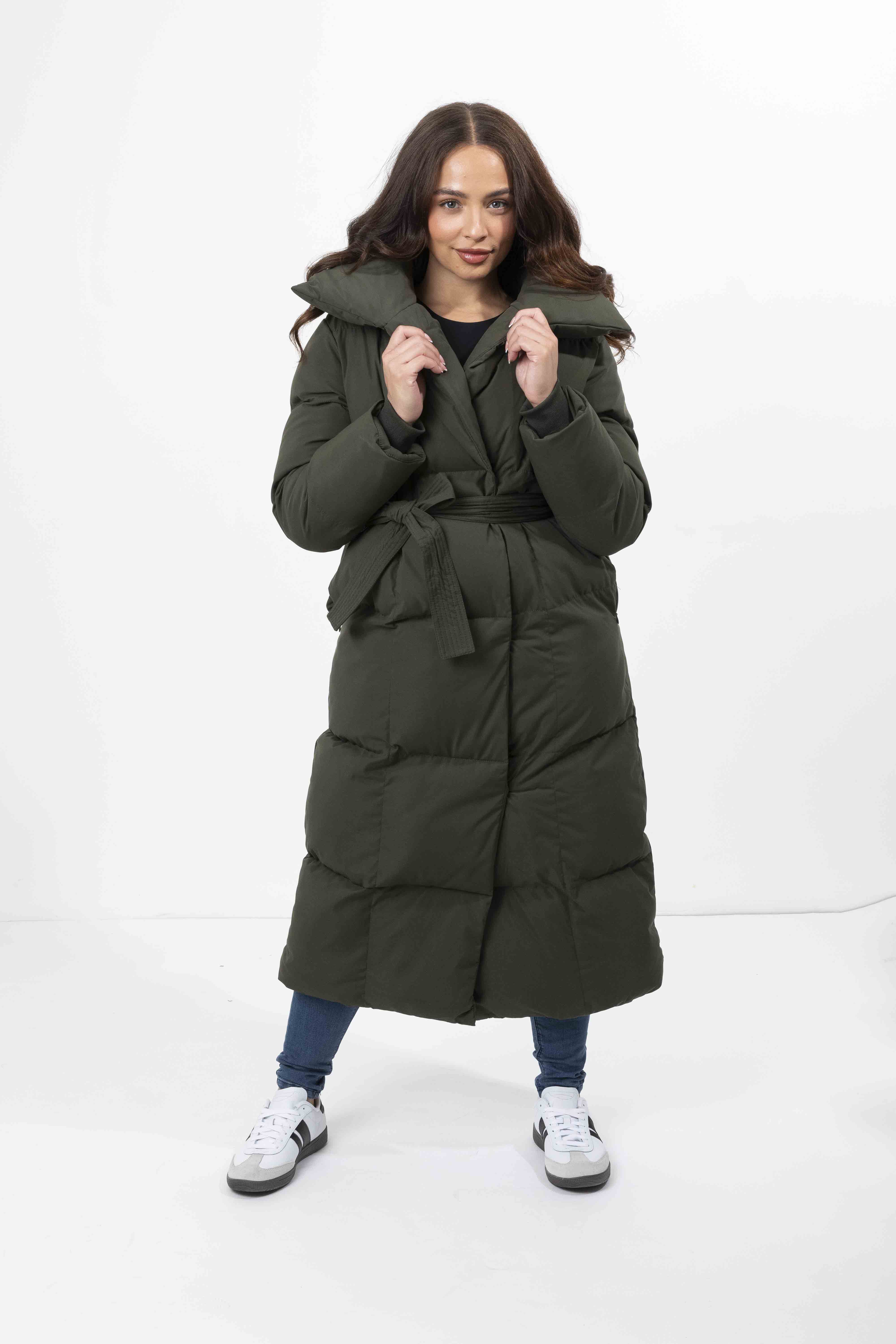 High Neck Quilted Tie Belt Relaxed Fit Long Winter Jacket