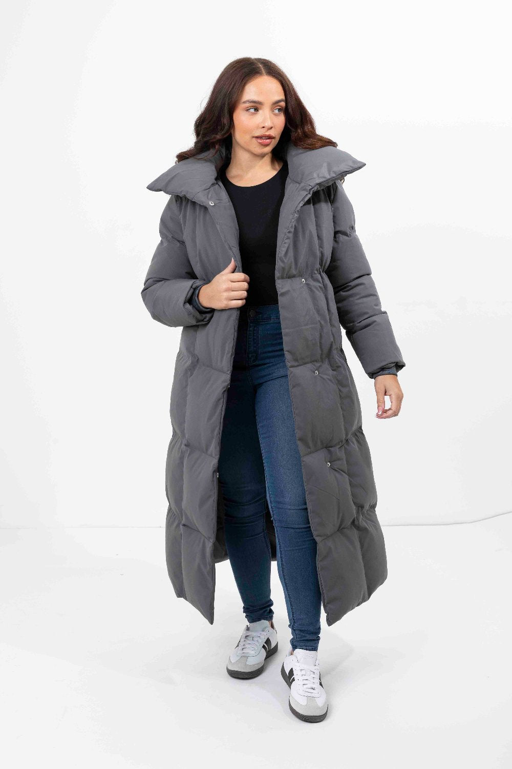 Wholesale Womens High Neck Quilted Tie Belt Relaxed Fit Long Winter Jacket