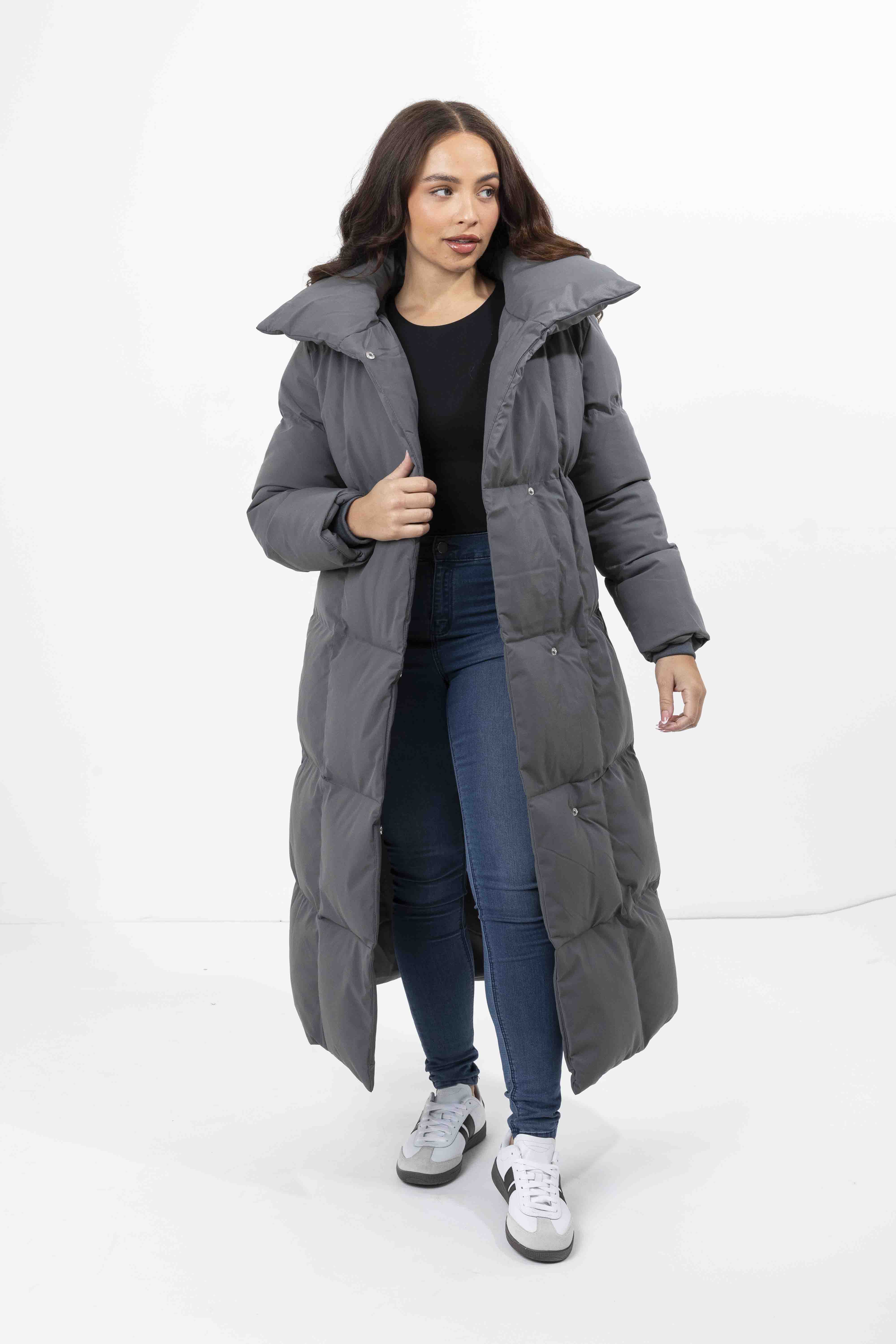 High Neck Quilted Tie Belt Relaxed Fit Long Winter Jacket