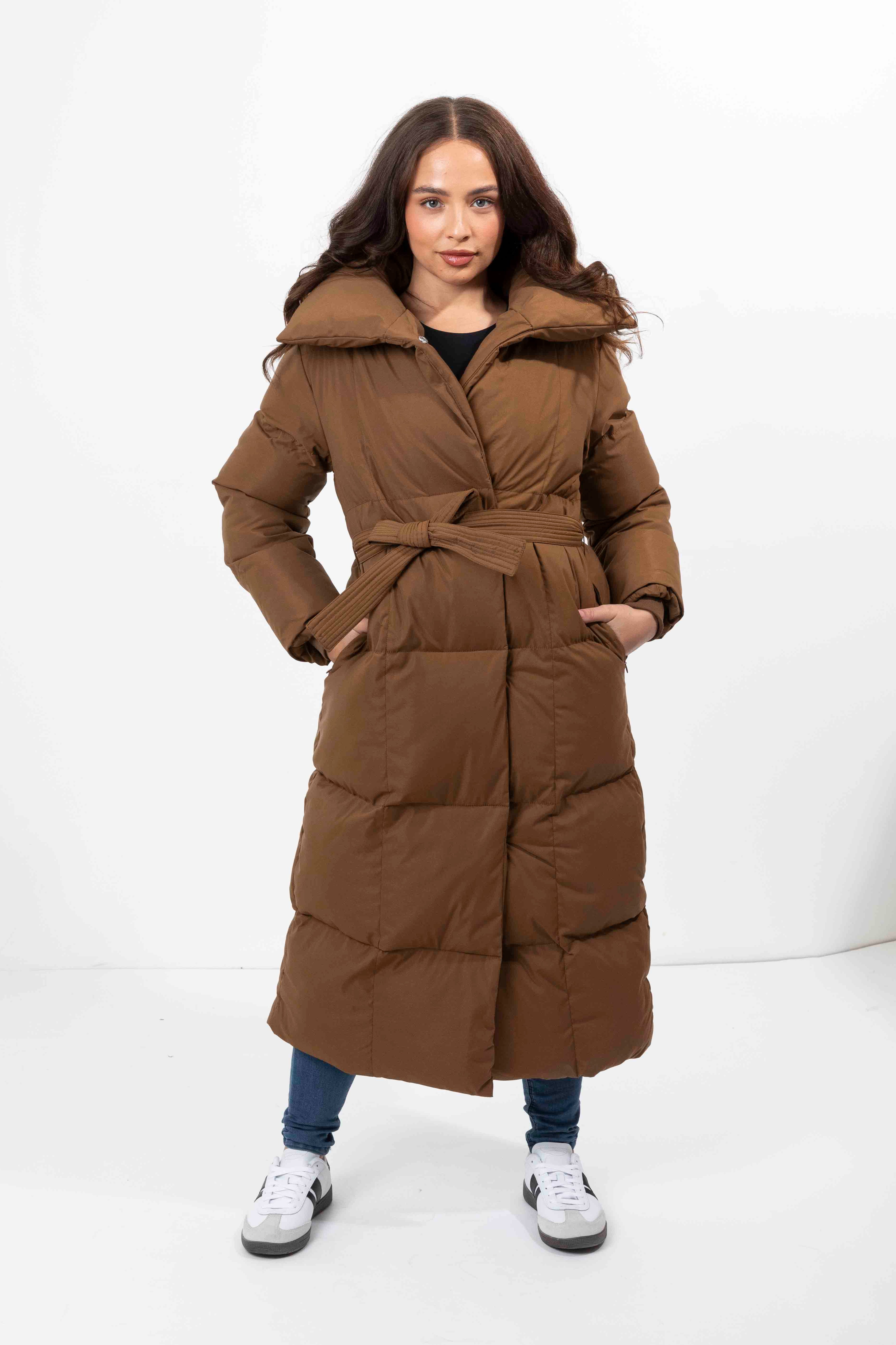 Wholesale Womens High Neck Quilted Tie Belt Relaxed Fit Long Winter Jacket