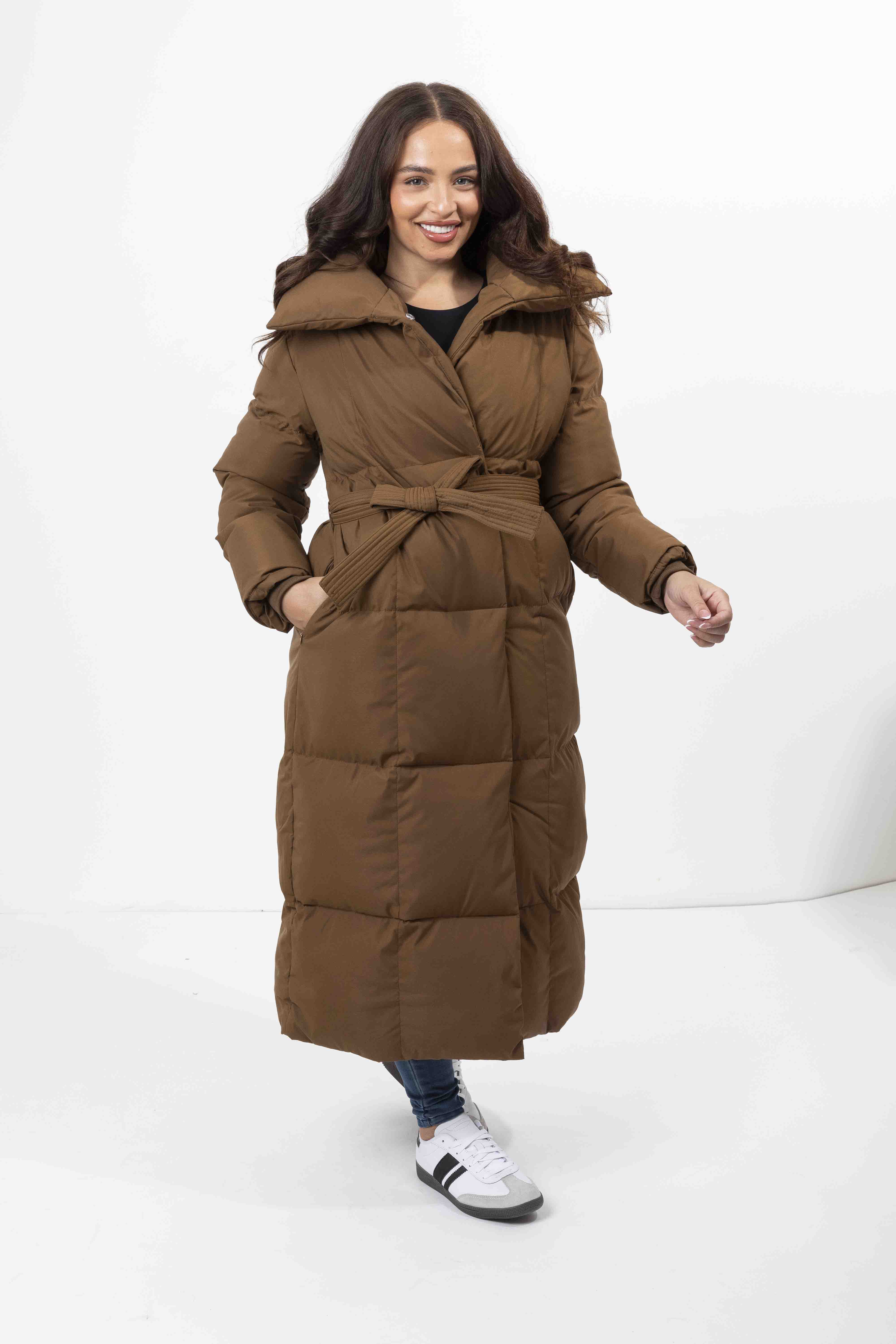 High Neck Quilted Tie Belt Relaxed Fit Long Winter Jacket