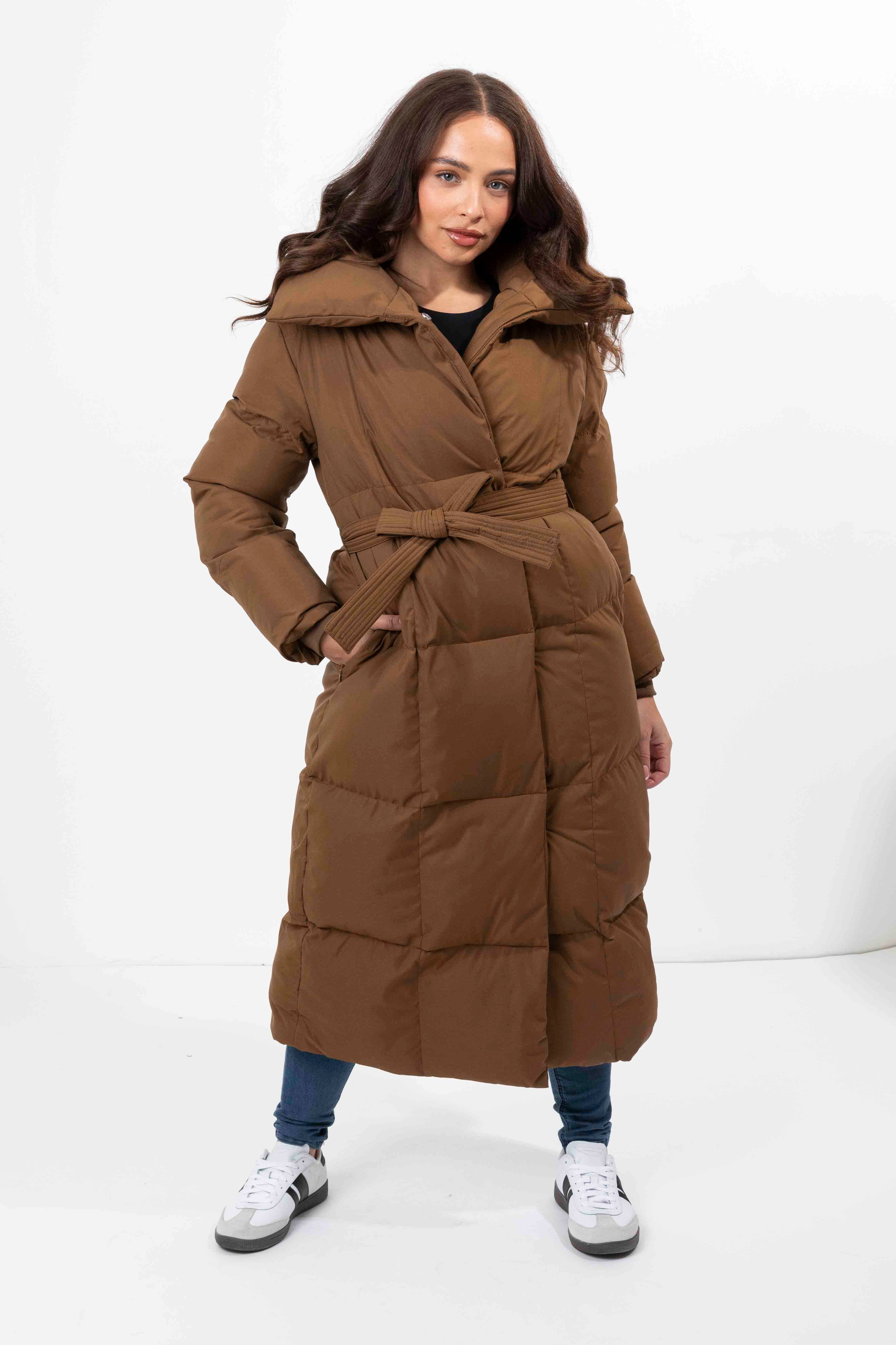 Wholesale Womens High Neck Quilted Tie Belt Relaxed Fit Long Winter Jacket