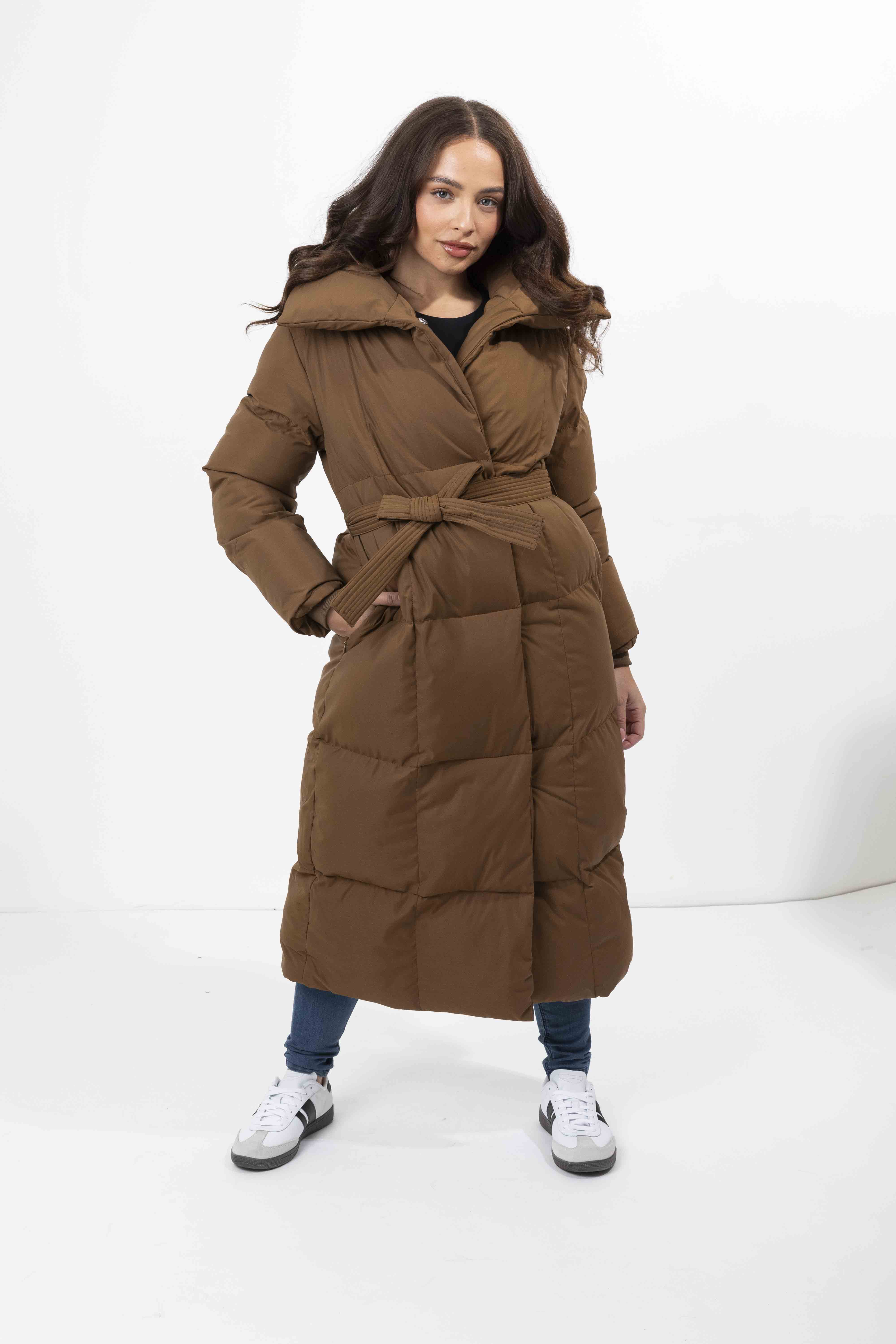 High Neck Quilted Tie Belt Relaxed Fit Long Winter Jacket