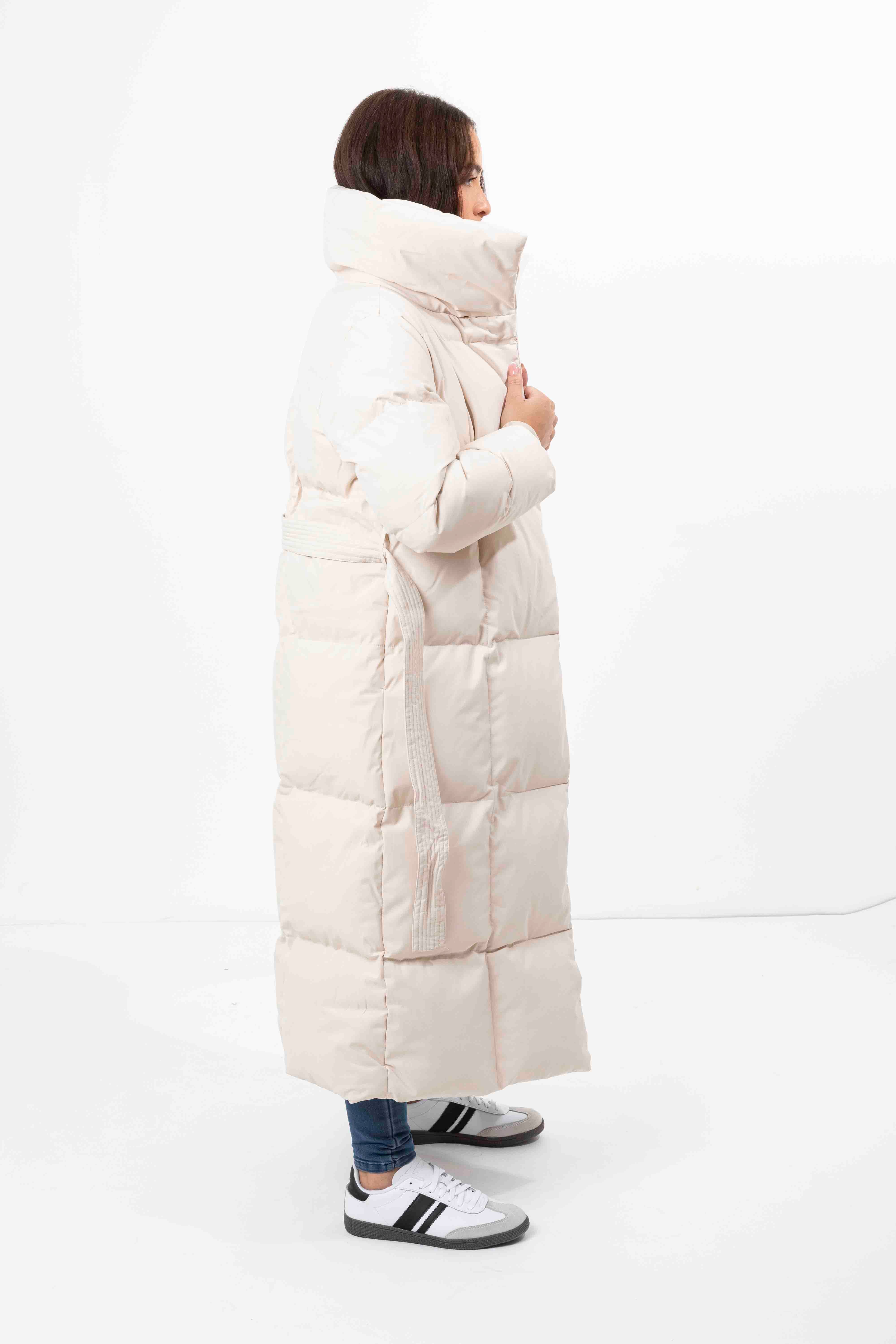 High Neck Quilted Tie Belt Relaxed Fit Long Winter Jacket